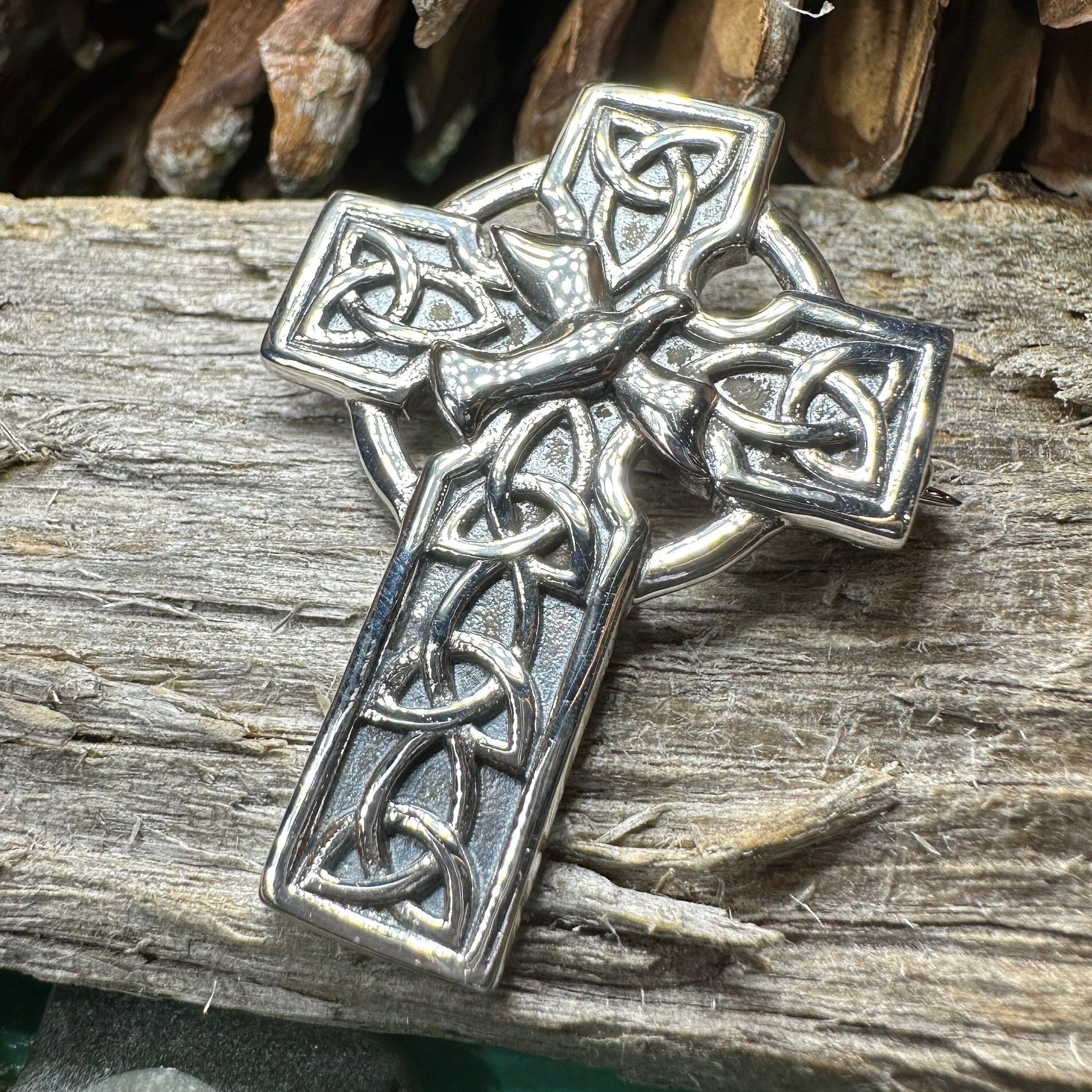 Celtic Cross Dove of Peace Brooch in Sterling Silver