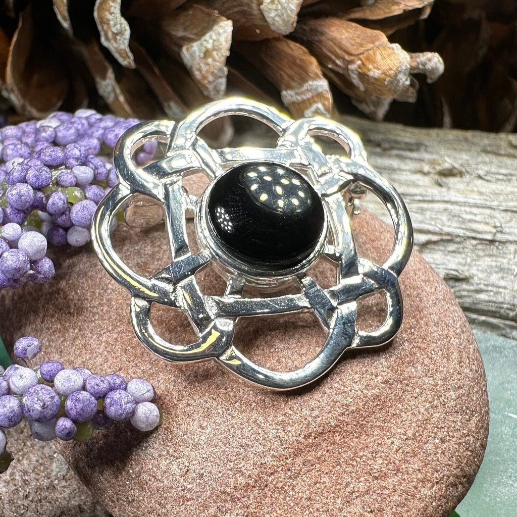 Onyx Celtic Knot Brooch in Sterling Silver