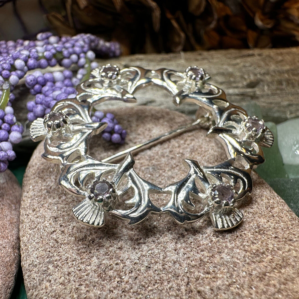 Arran Amethyst Thistle Brooch in Sterling Silver