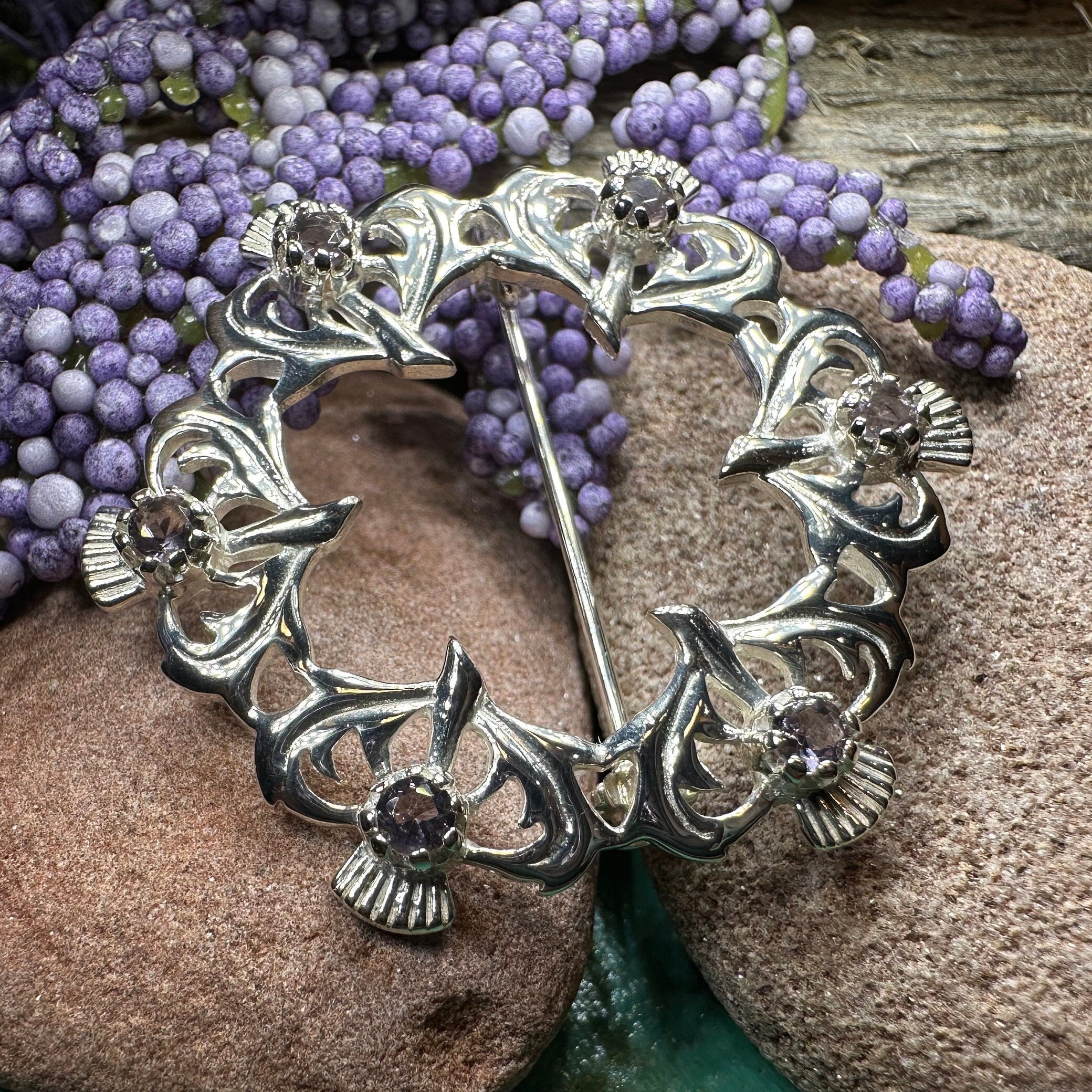 Arran Amethyst Thistle Brooch in Sterling Silver