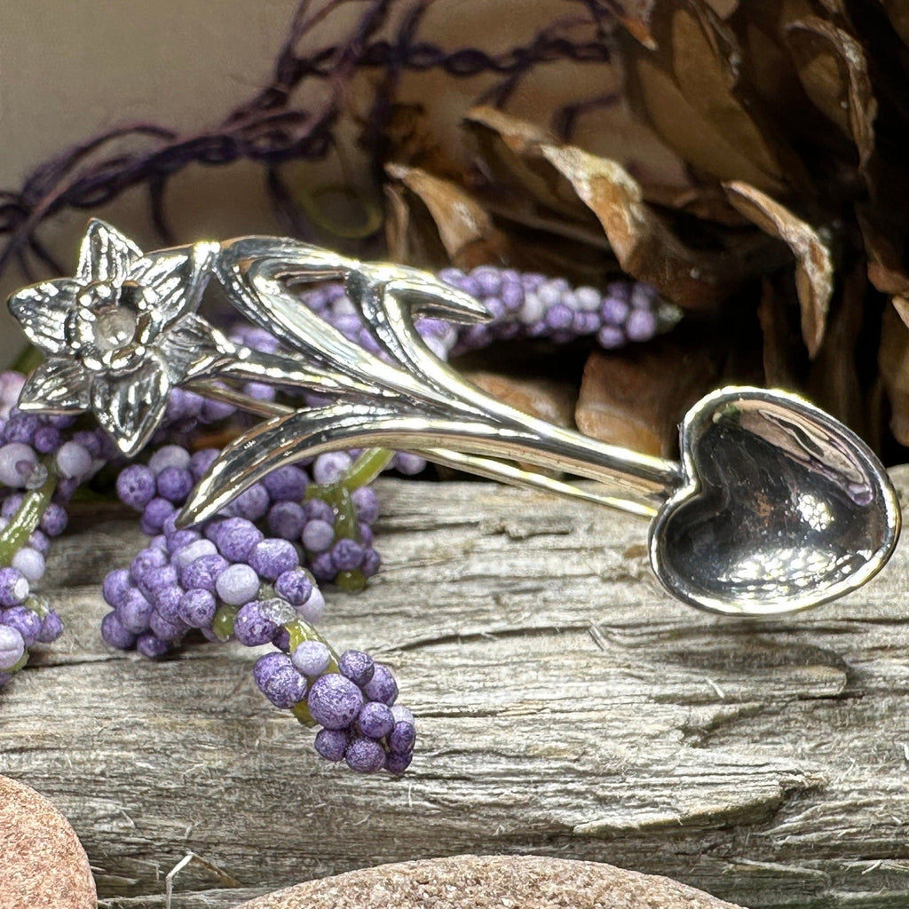 Welsh Daffodil Love Spoon Brooch in Sterling Silver