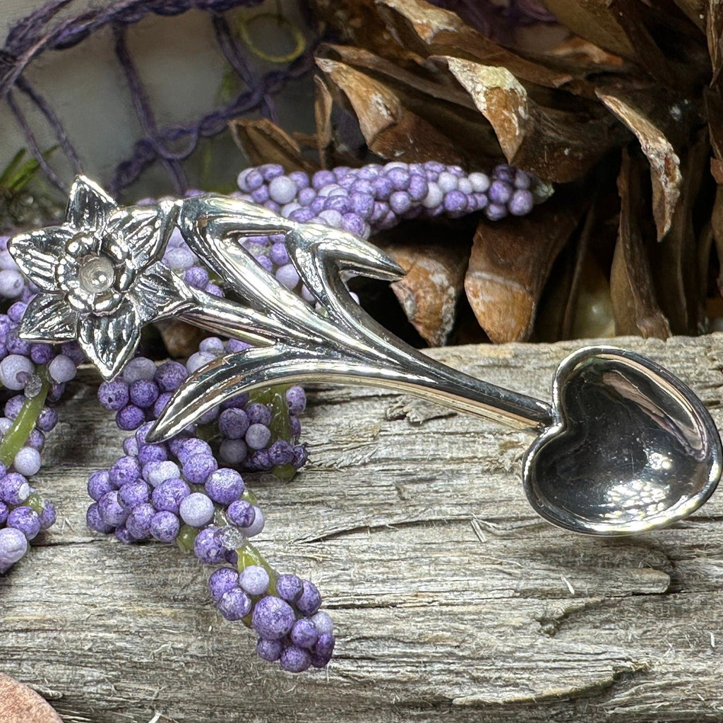Welsh Daffodil Love Spoon Brooch in Sterling Silver