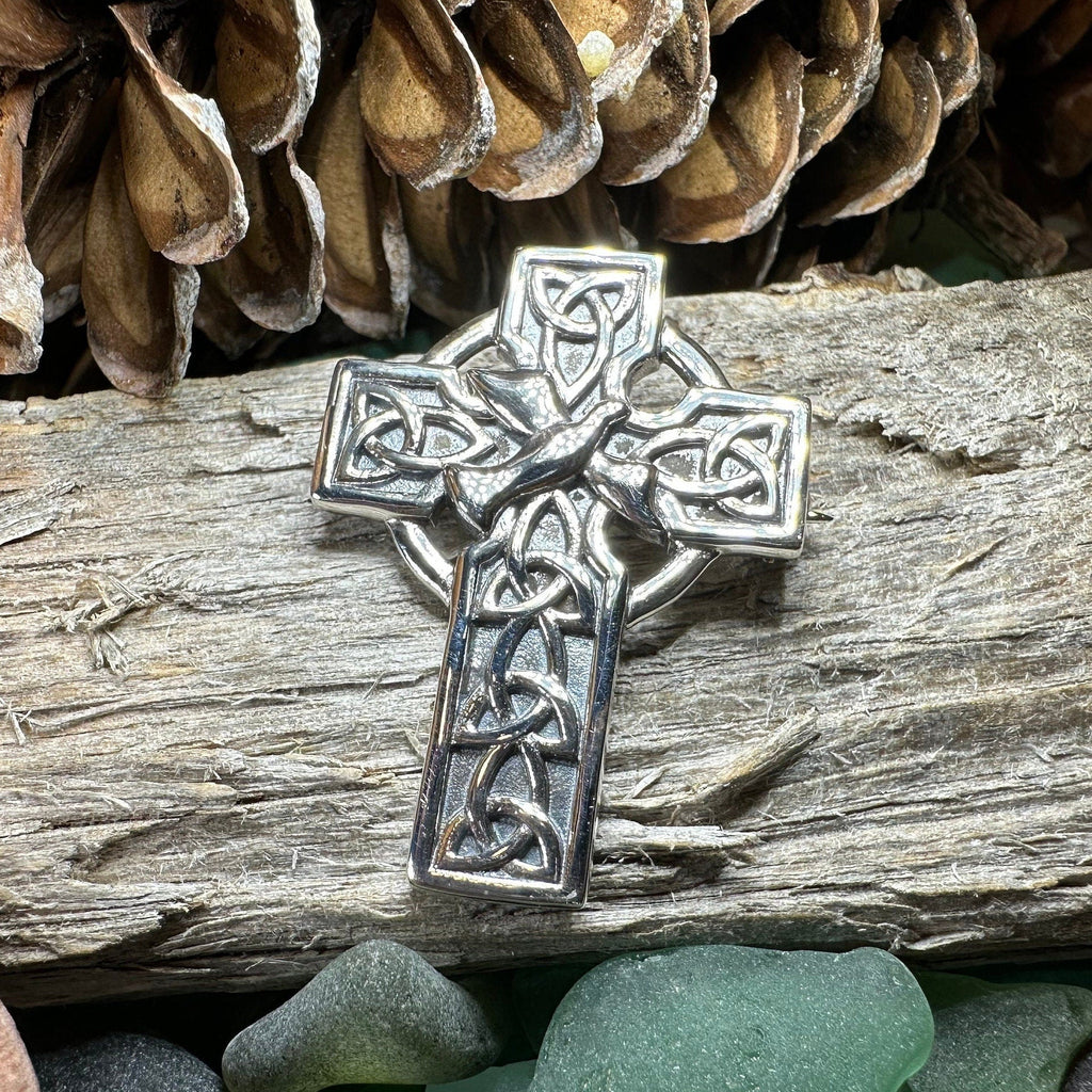 Celtic Cross Dove of Peace Brooch in Sterling Silver