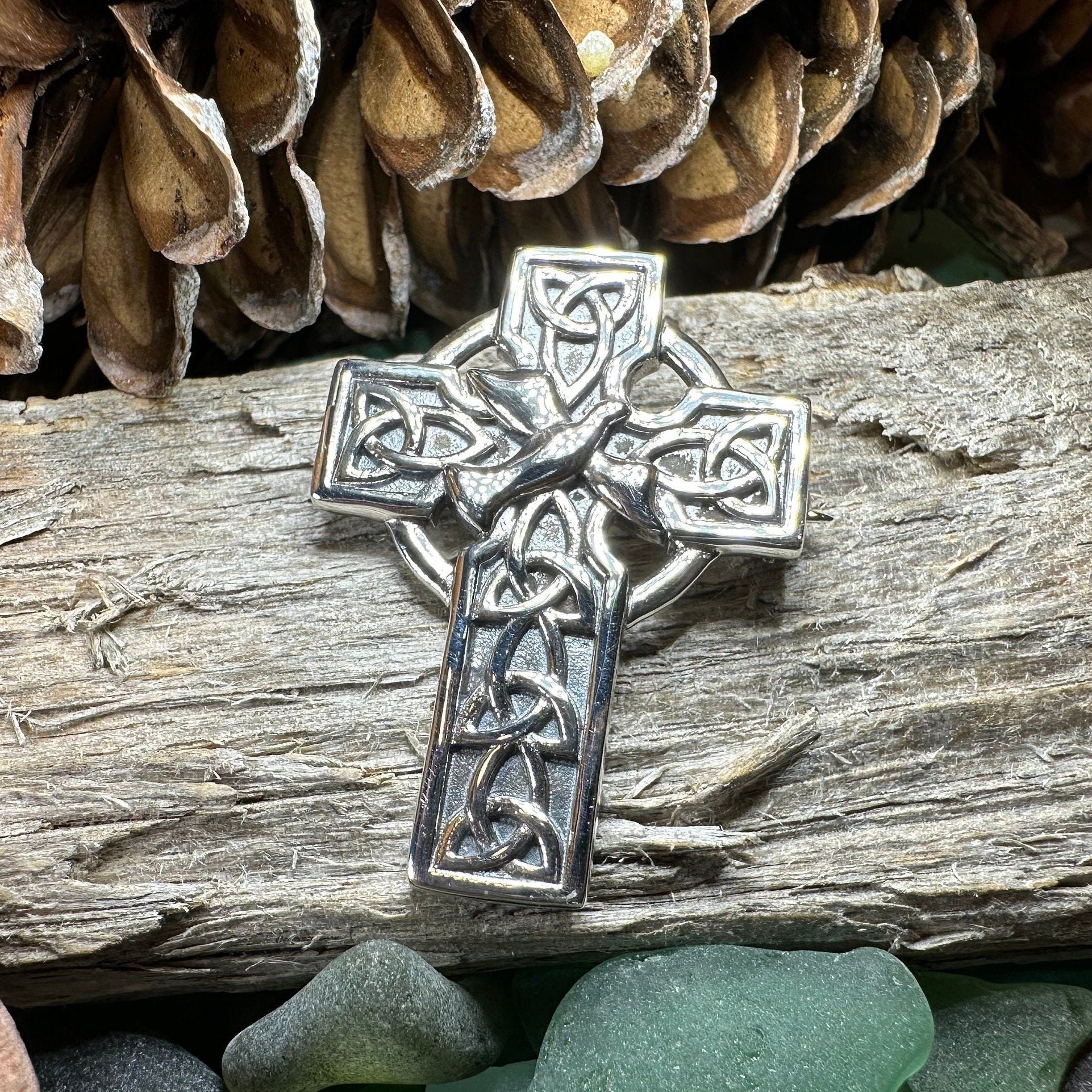 Celtic Cross Dove of Peace Brooch in Sterling Silver