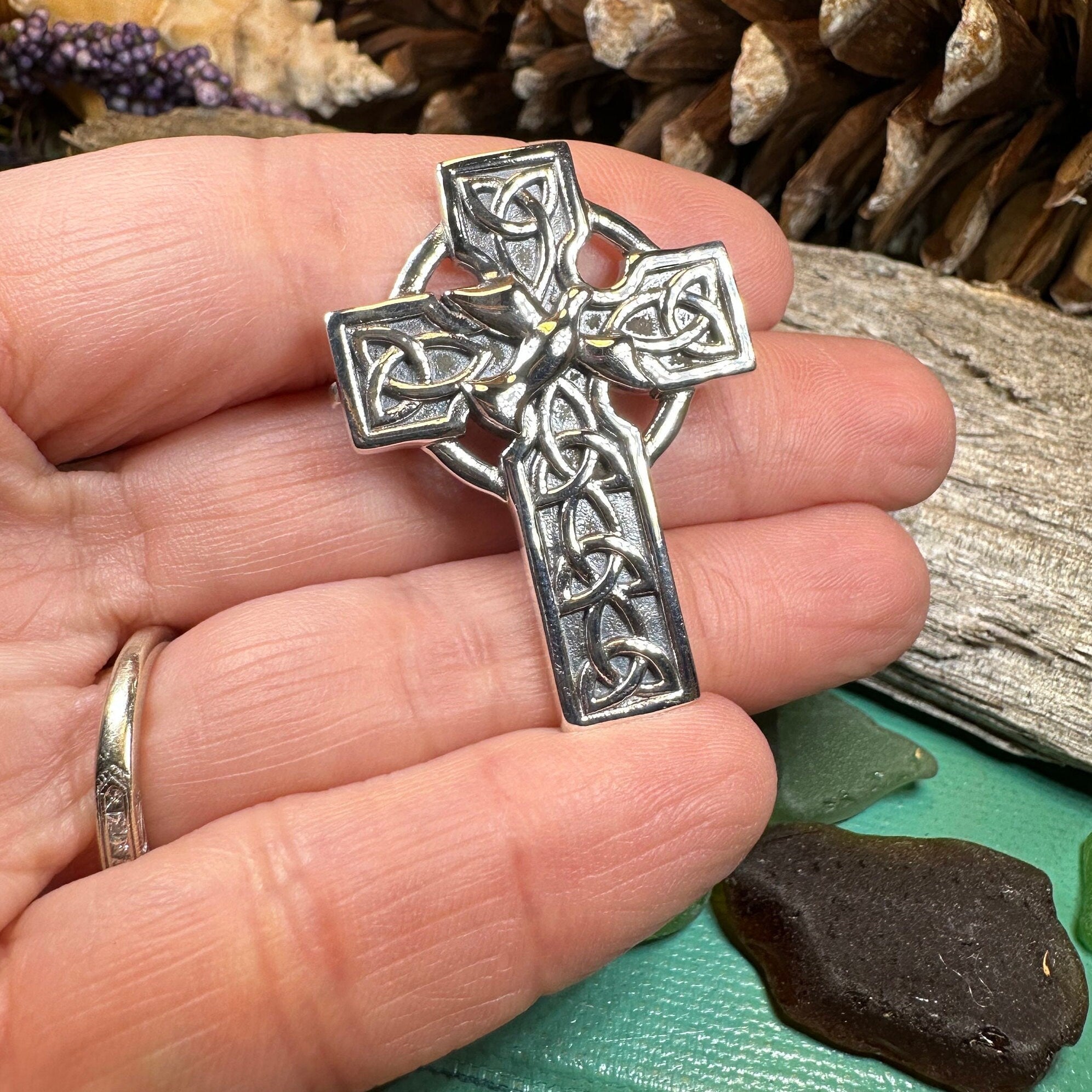 Celtic Cross Dove of Peace Brooch in Sterling Silver