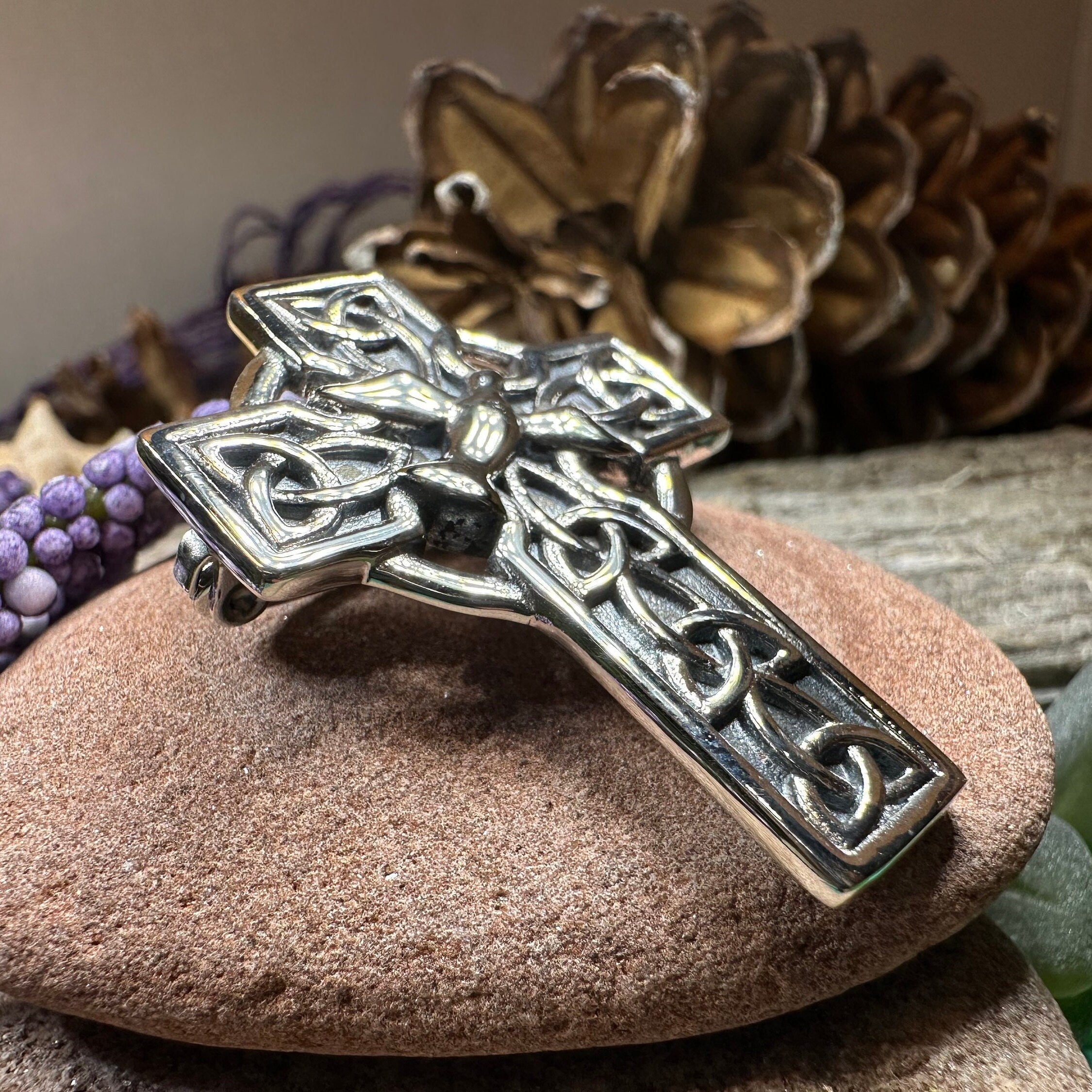 Celtic Cross Dove of Peace Brooch in Sterling Silver