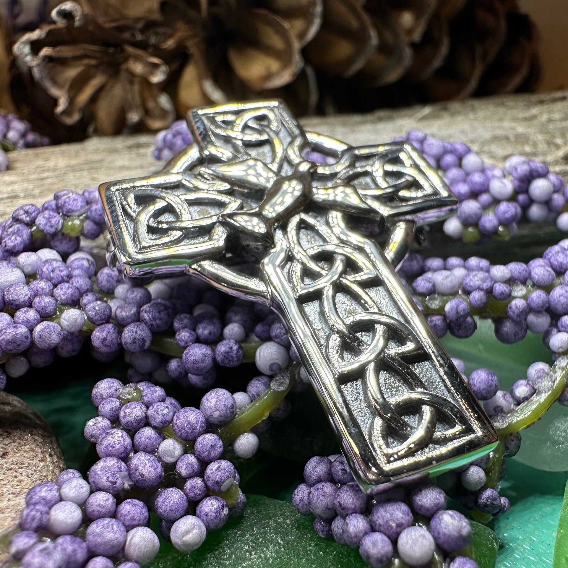 Celtic Cross Dove of Peace Brooch in Sterling Silver