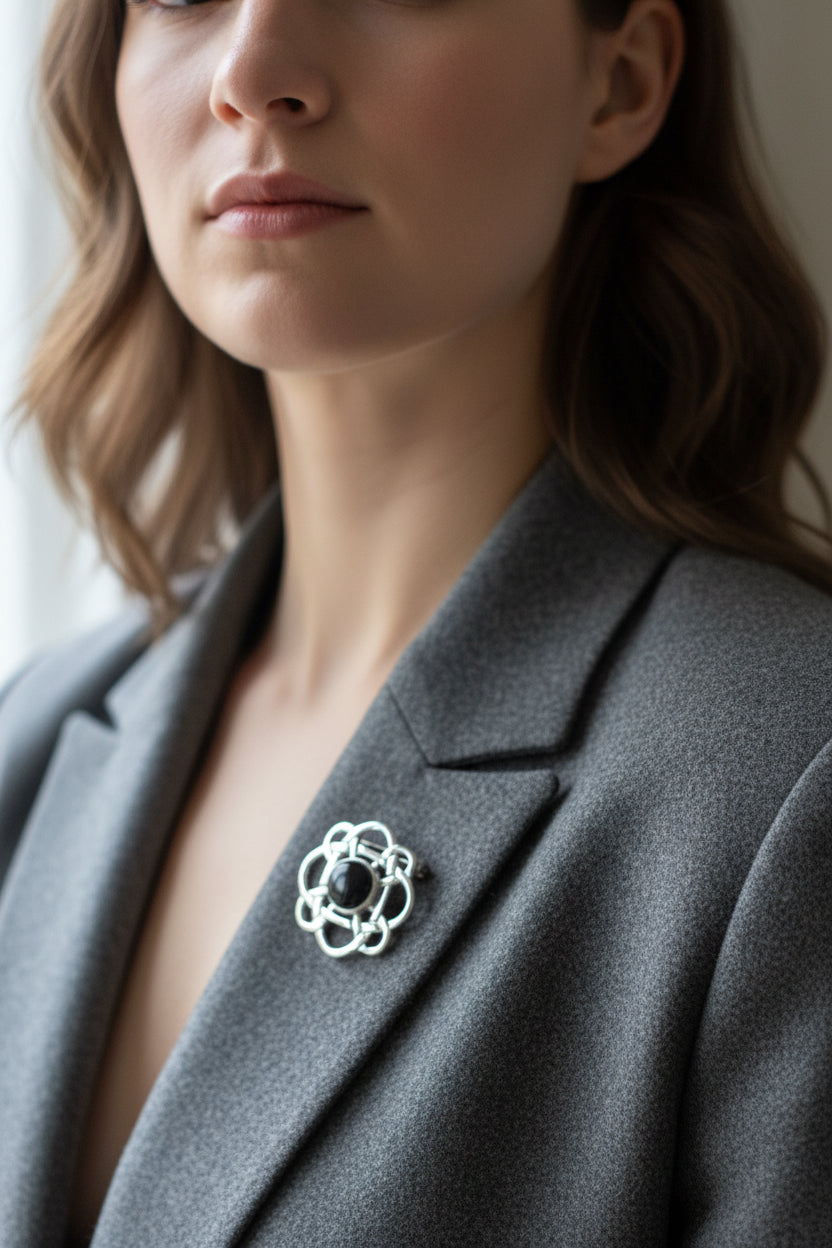 Onyx Celtic Knot Brooch in Sterling Silver