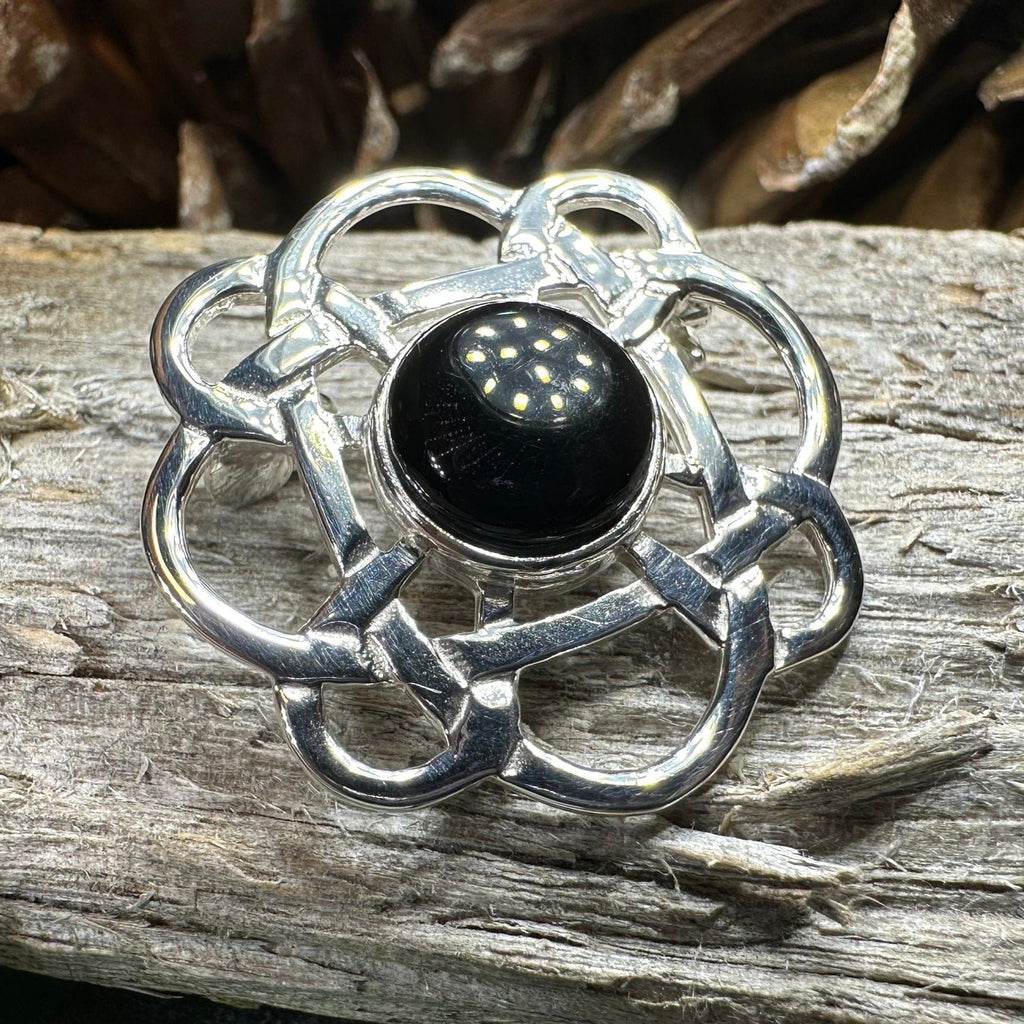 Onyx Celtic Knot Brooch in Sterling Silver