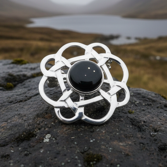 Onyx Celtic Knot Brooch in Sterling Silver
