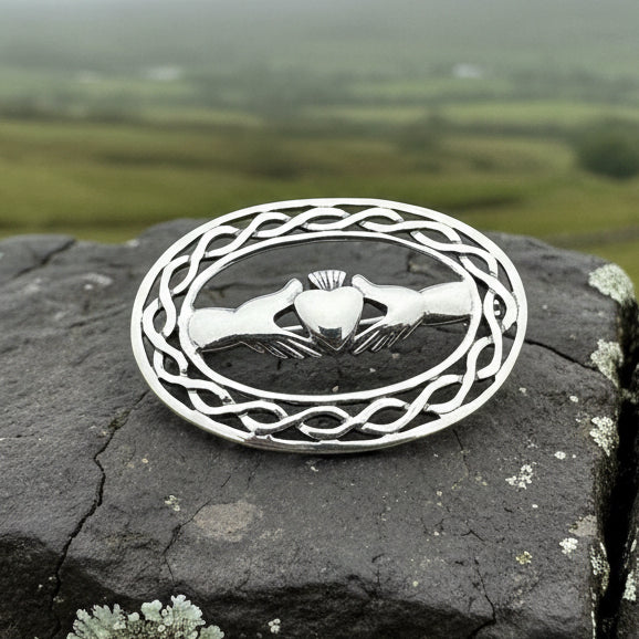 Laurelei Oval Irish Claddagh Brooch in Sterling Silver