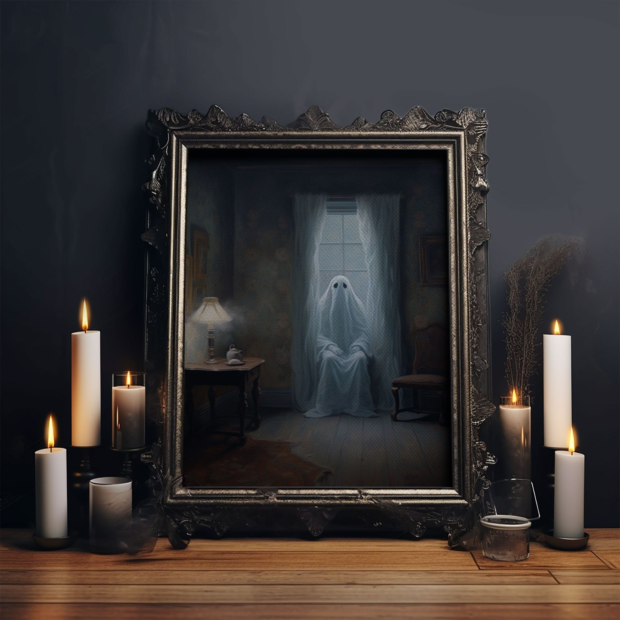 Spooky Ghost In The Window, Halloween Wall Art, Vintage Canvas, Art Canvas Print, Dark Academia, Haunting Ghost, Halloween Decor