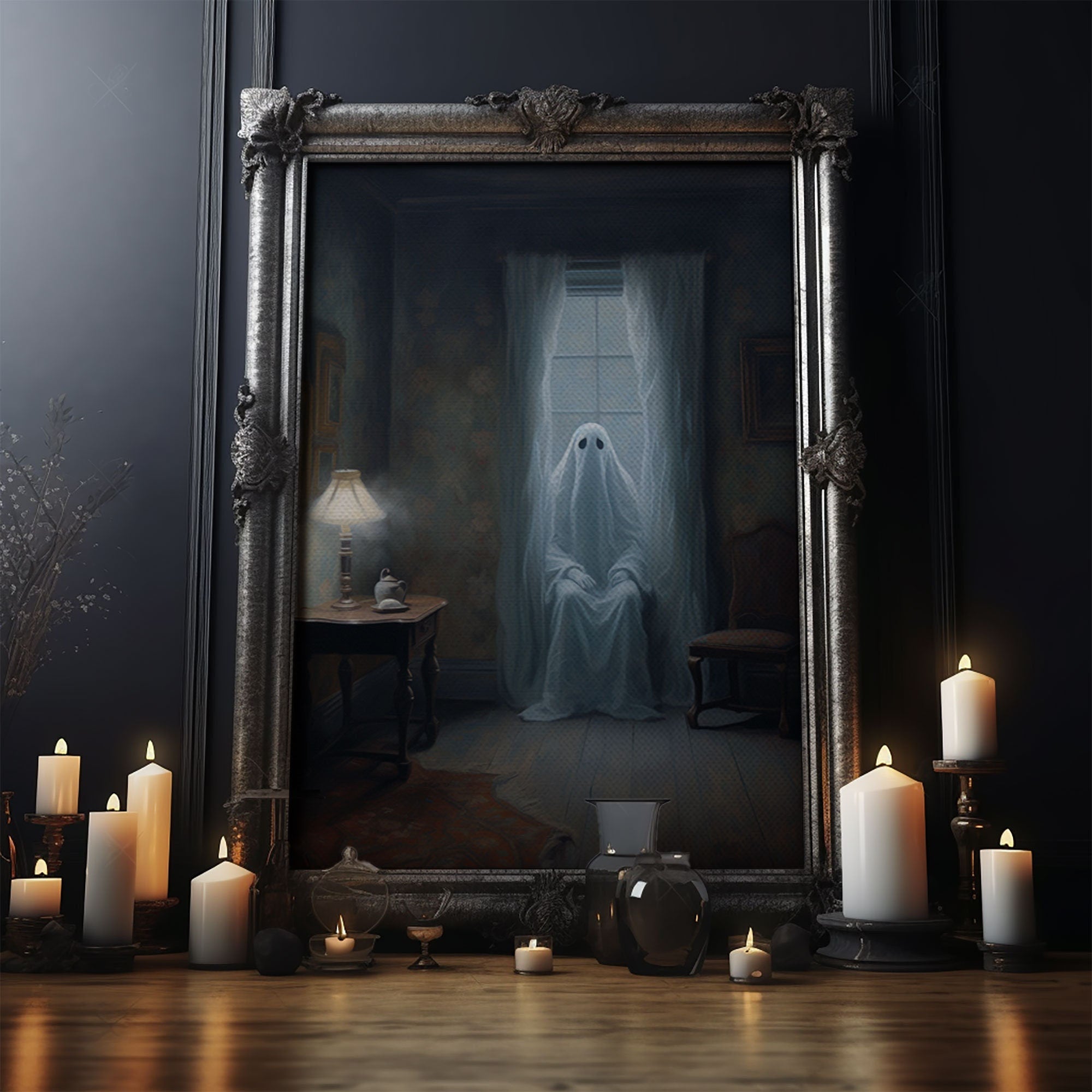 Spooky Ghost In The Window, Halloween Wall Art, Vintage Canvas, Art Canvas Print, Dark Academia, Haunting Ghost, Halloween Decor