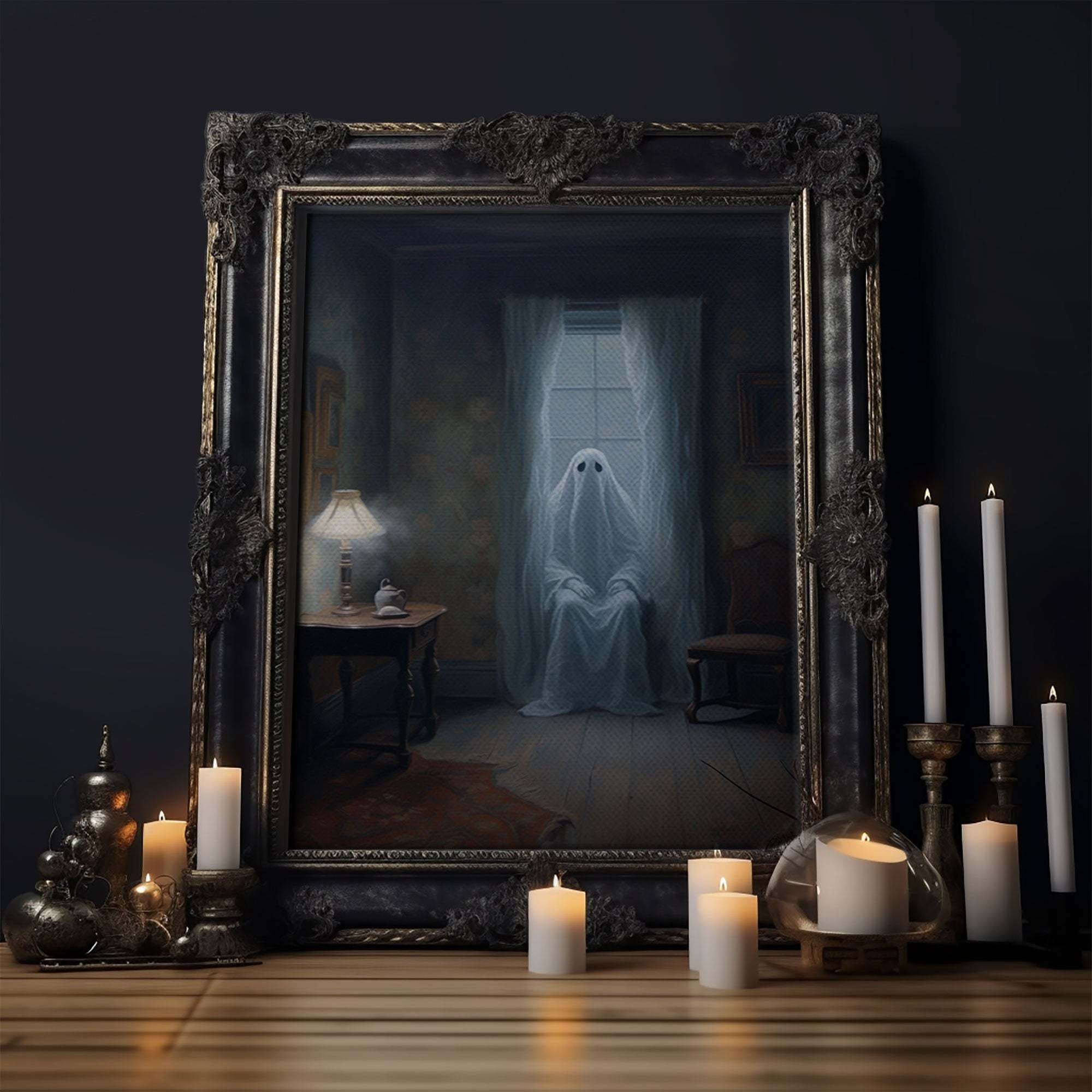 Spooky Ghost In The Window, Halloween Wall Art, Vintage Canvas, Art Canvas Print, Dark Academia, Haunting Ghost, Halloween Decor