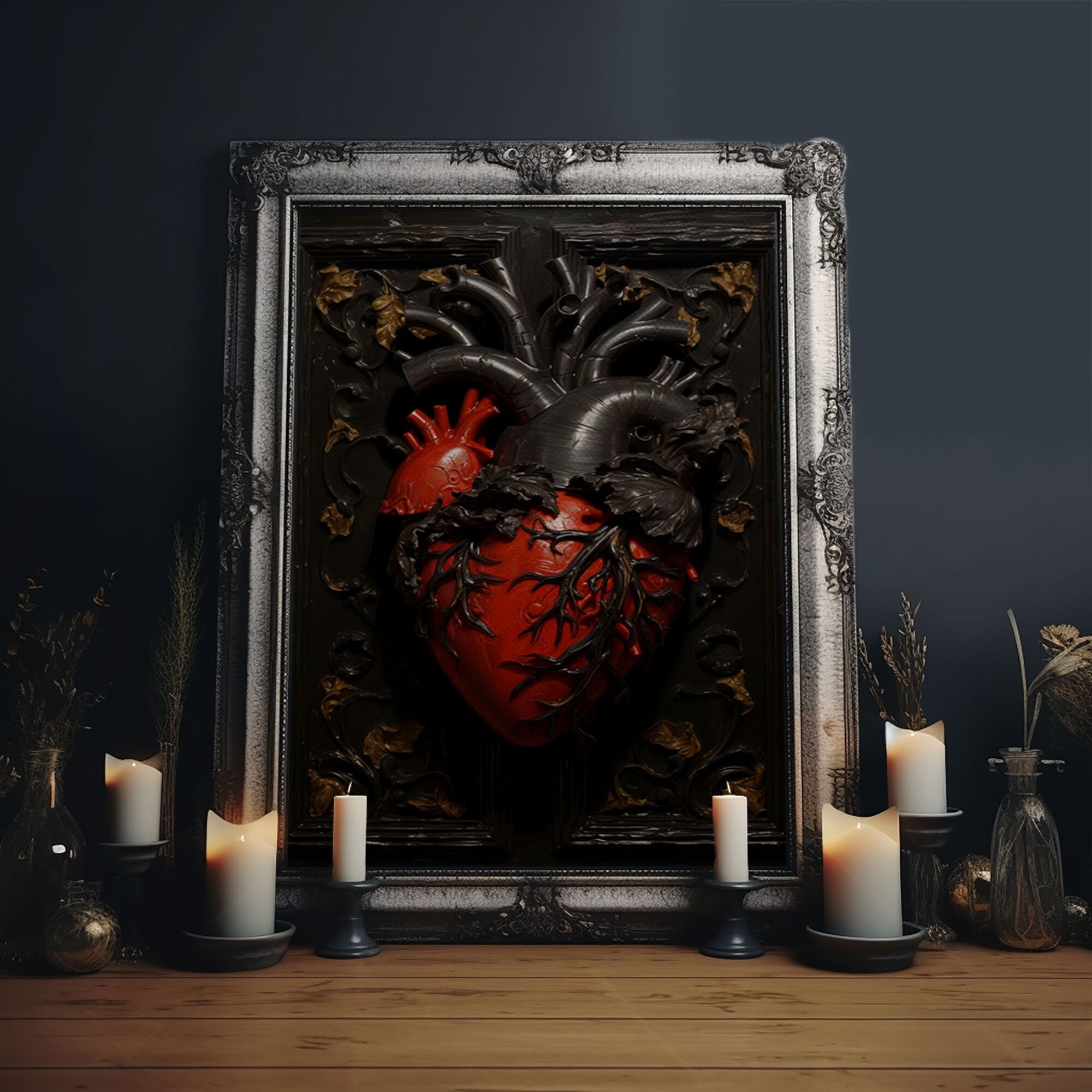 Impression d'art Cœur Noir Vampire, Toile Vintage, Impression sur toile d'art, Dark Academia, Gothique Victorien, Cœur Anatomique, Décoration Halloween
