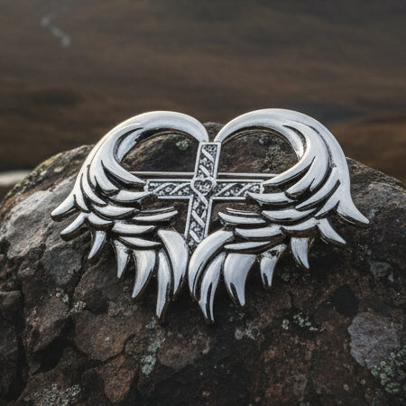 Angel Wings Celtic Cross Brooch in Pewter