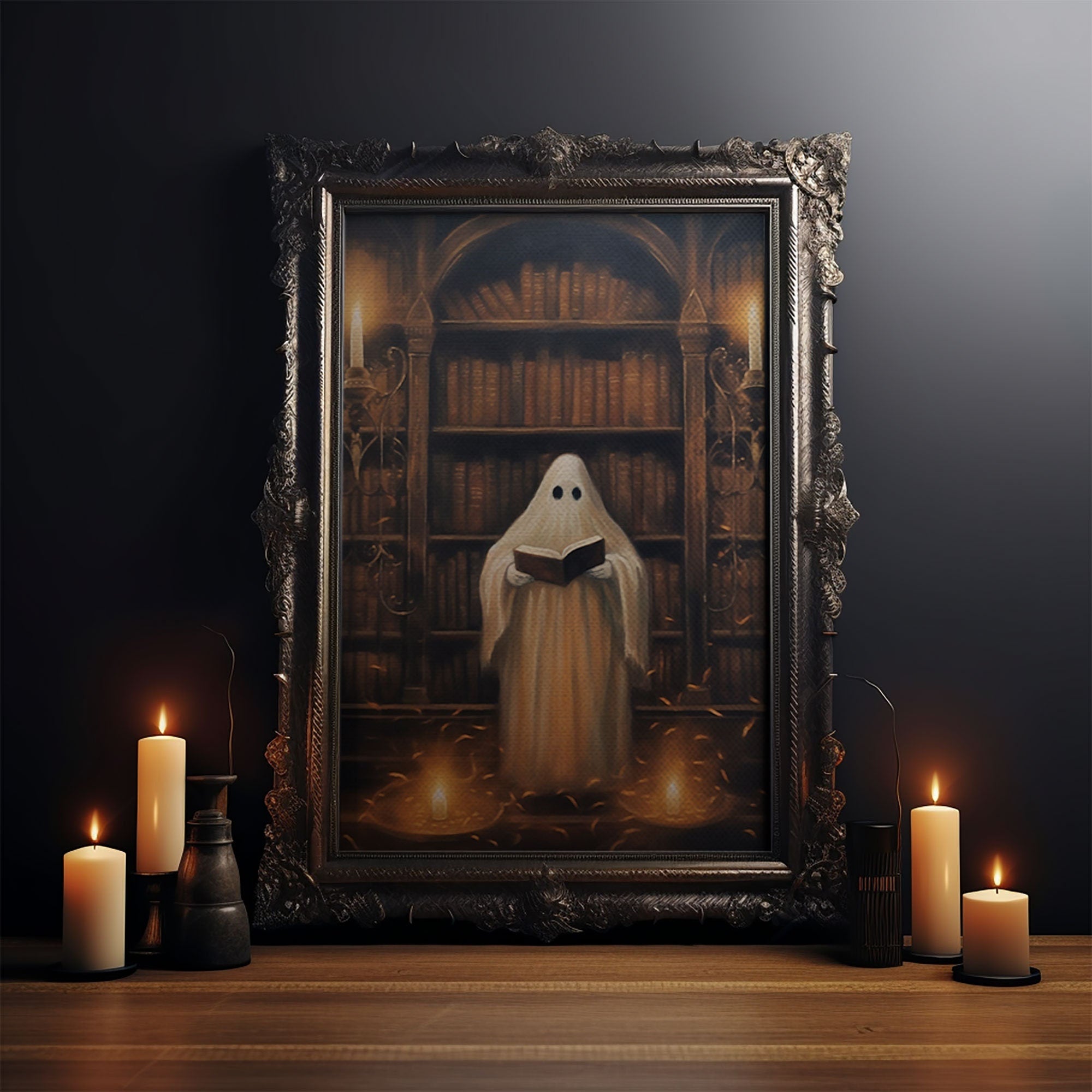 Spooky Ghost Reading A Book, Library Ghost, 8x10 Fine Art Prints, Framed Canvas, Fall Artwork, Cute Halloween Decor