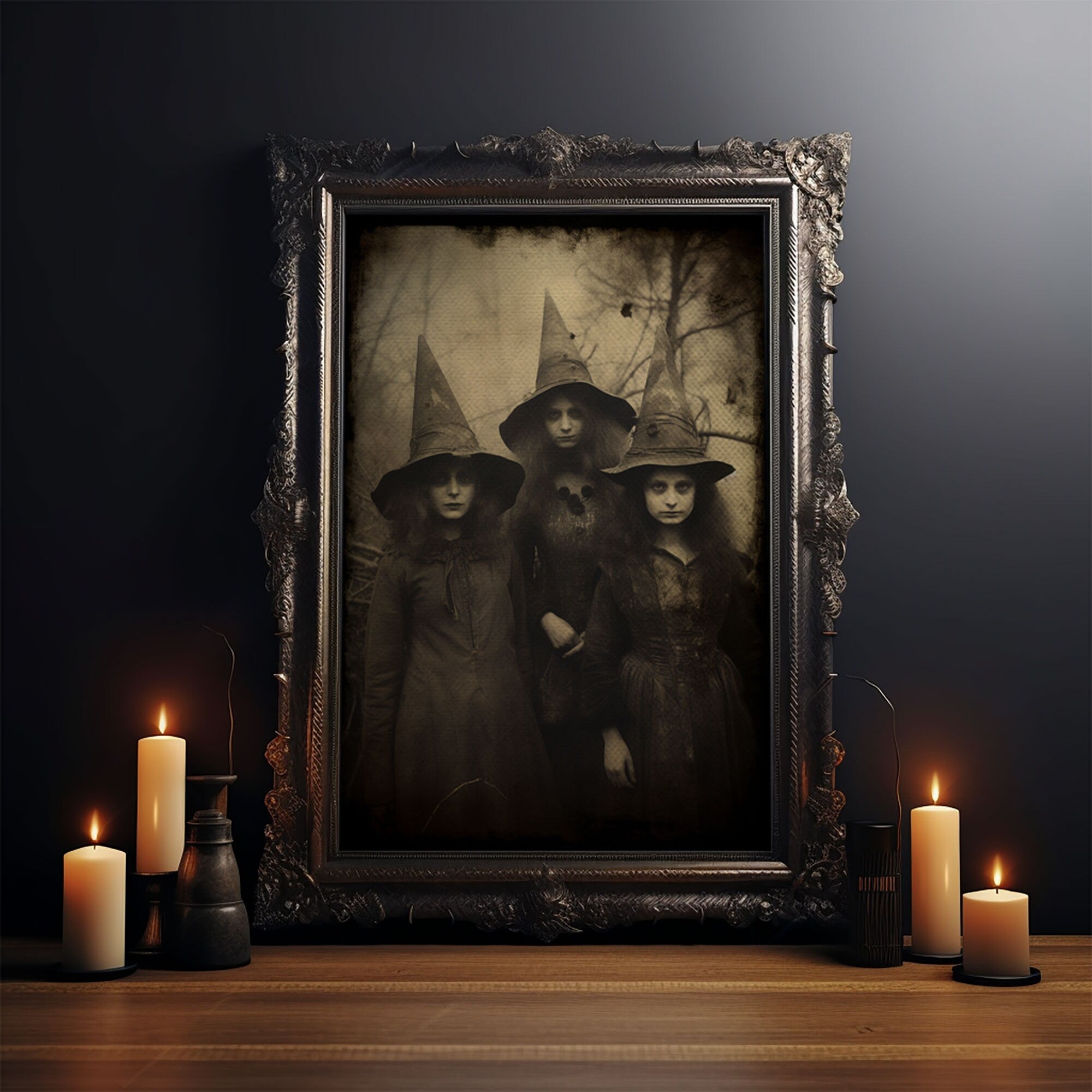 Spooky Witches Art Print, Antique Style Sepia Tone Tintype Photograph Print, Canvas Print, Vintage Halloween Decor, Gothic Witch Wall Art