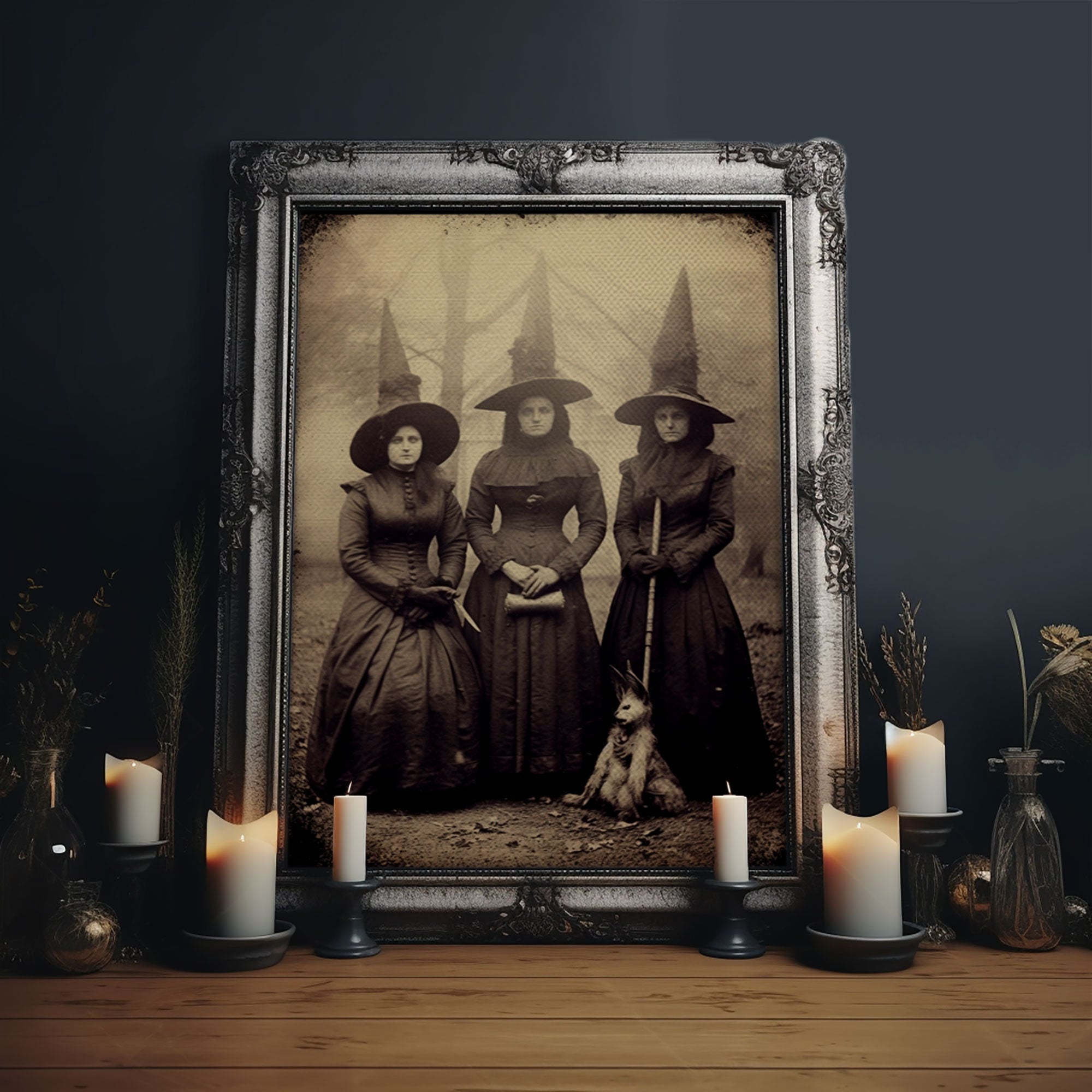 Spooky Witches Art Print, Antique Style Sepia Tone Tintype Photograph Print, Canvas Print, Vintage Halloween Decor, Gothic Witch Wall Art