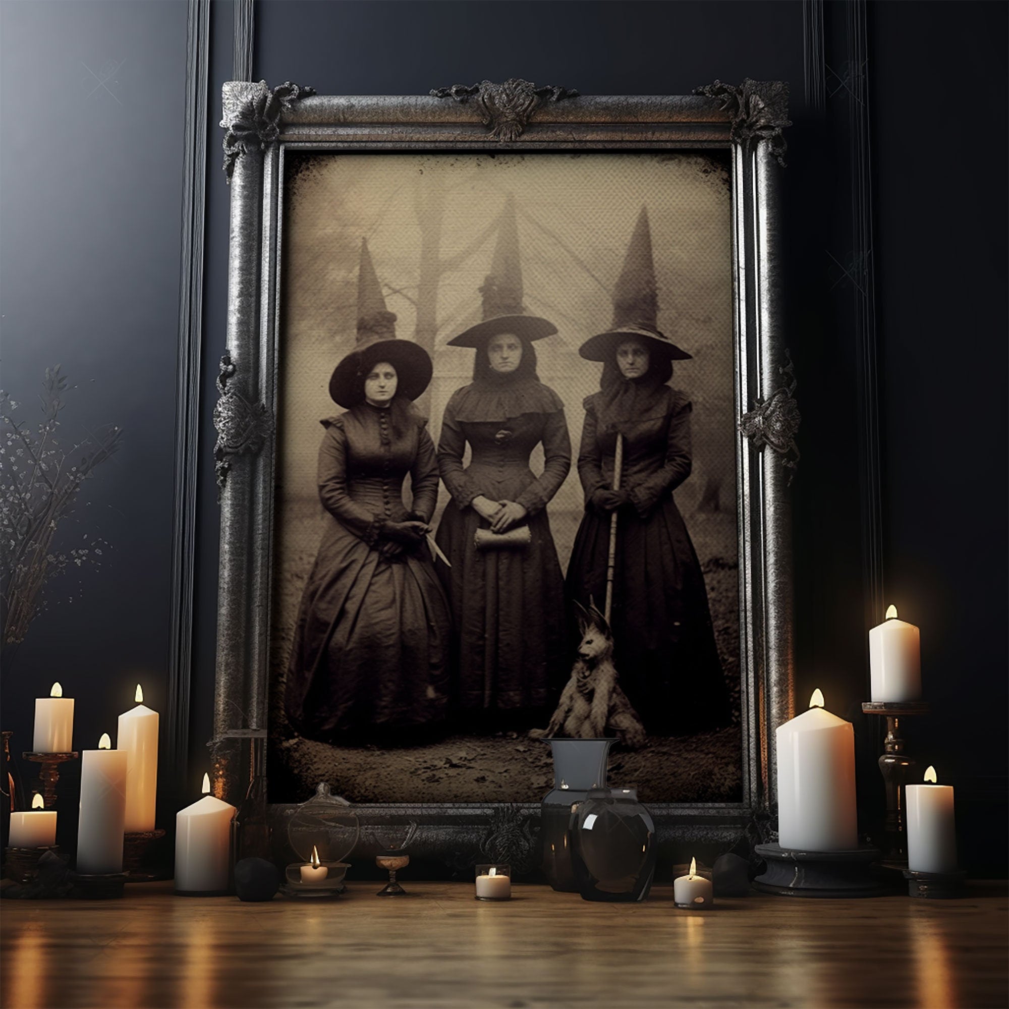Spooky Witches Art Print, Antique Style Sepia Tone Tintype Photograph Print, Canvas Print, Vintage Halloween Decor, Gothic Witch Wall Art