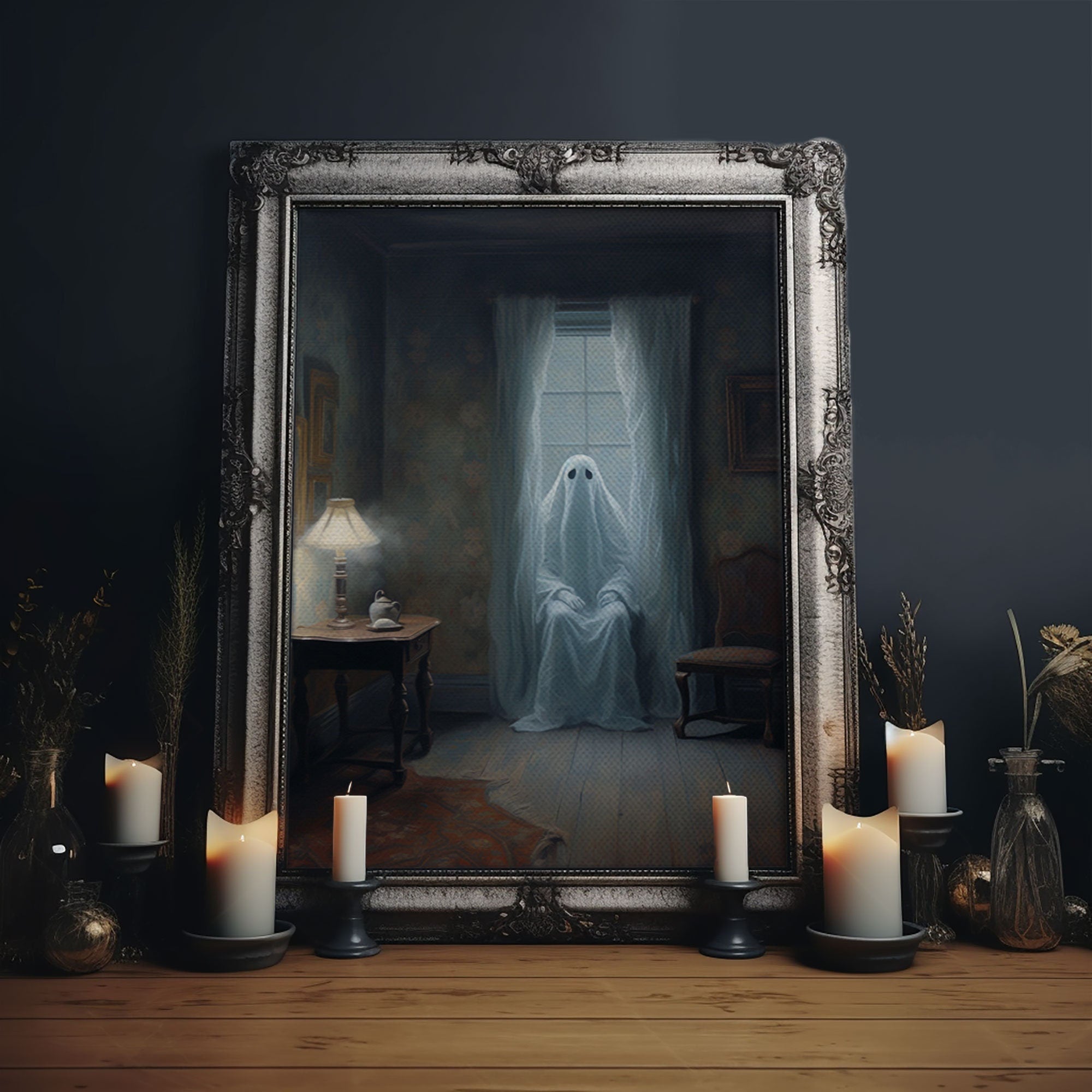 Spooky Ghost In The Window, Halloween Wall Art, Vintage Canvas, Art Canvas Print, Dark Academia, Haunting Ghost, Halloween Decor