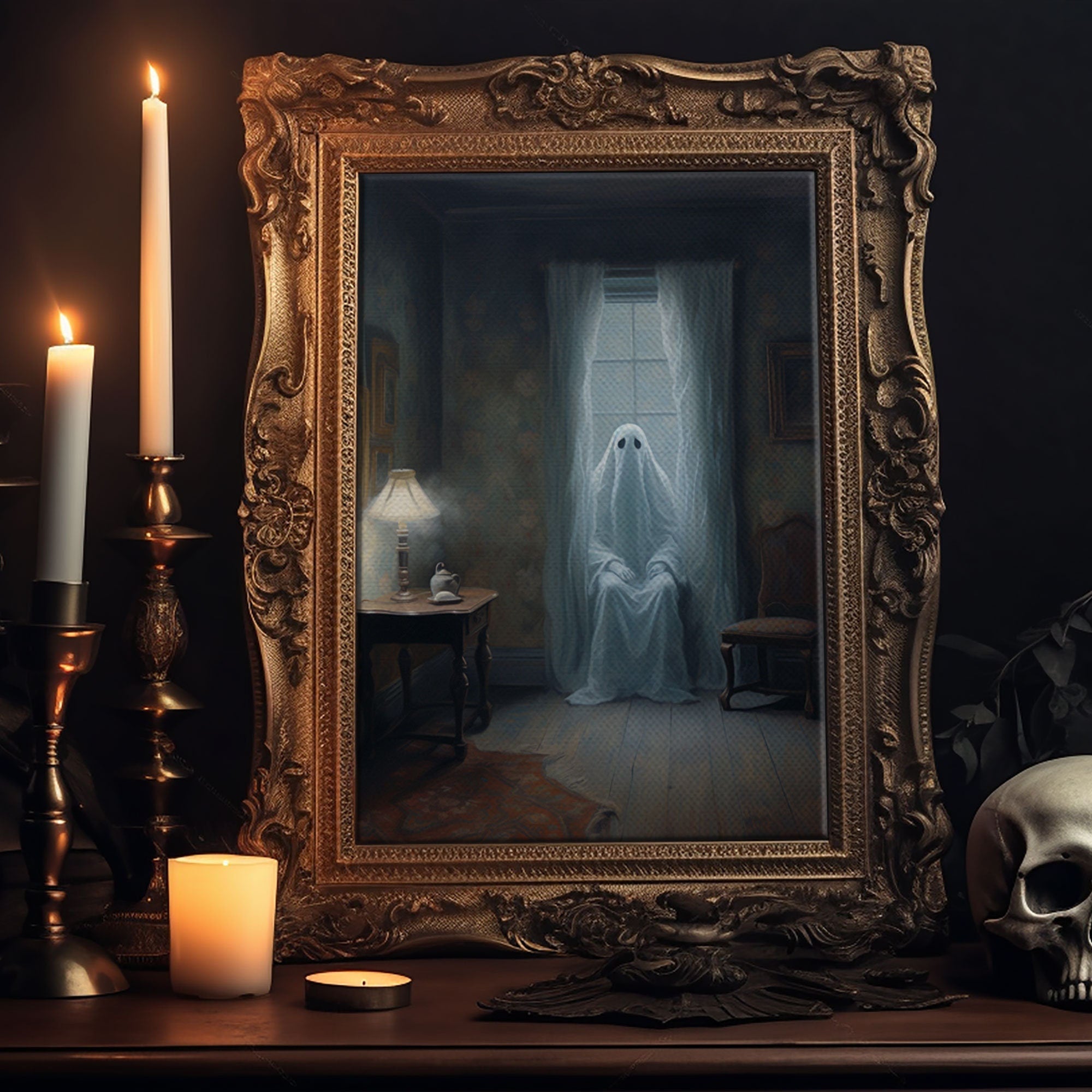 Spooky Ghost In The Window, Halloween Wall Art, Vintage Canvas, Art Canvas Print, Dark Academia, Haunting Ghost, Halloween Decor