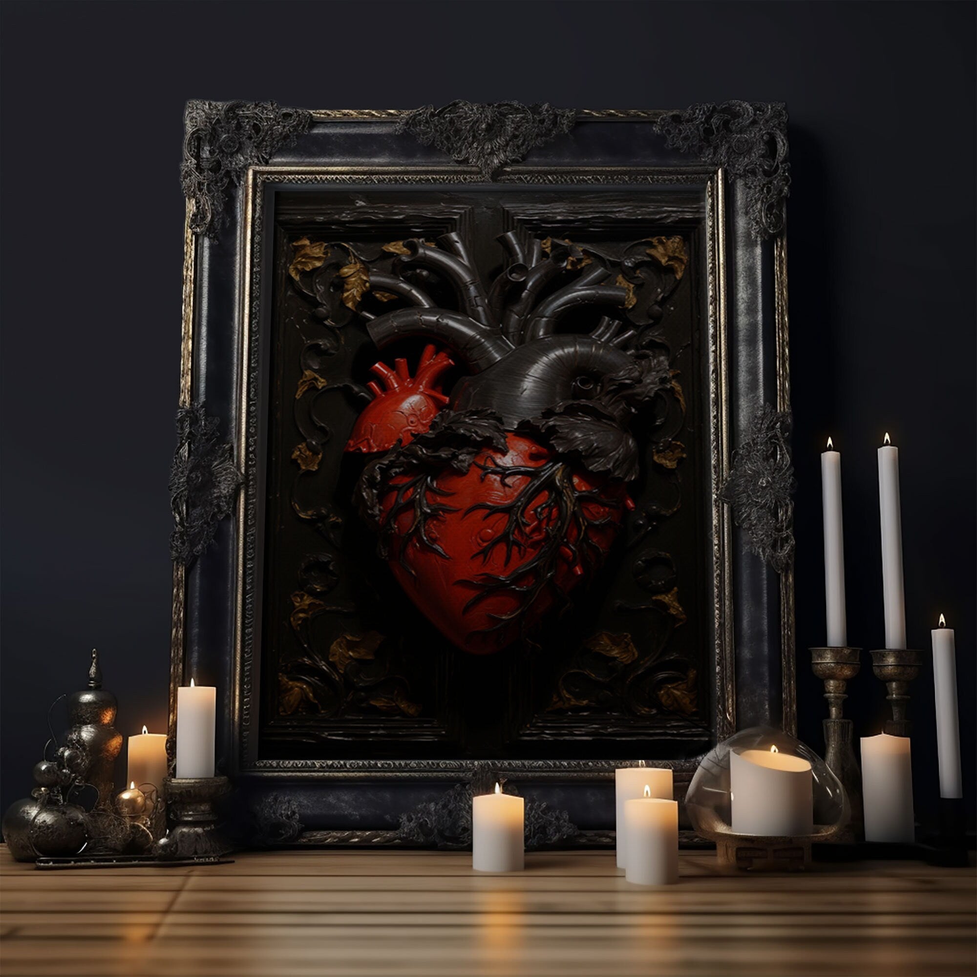 Impression d'art Cœur Noir Vampire, Toile Vintage, Impression sur toile d'art, Dark Academia, Gothique Victorien, Cœur Anatomique, Décoration Halloween