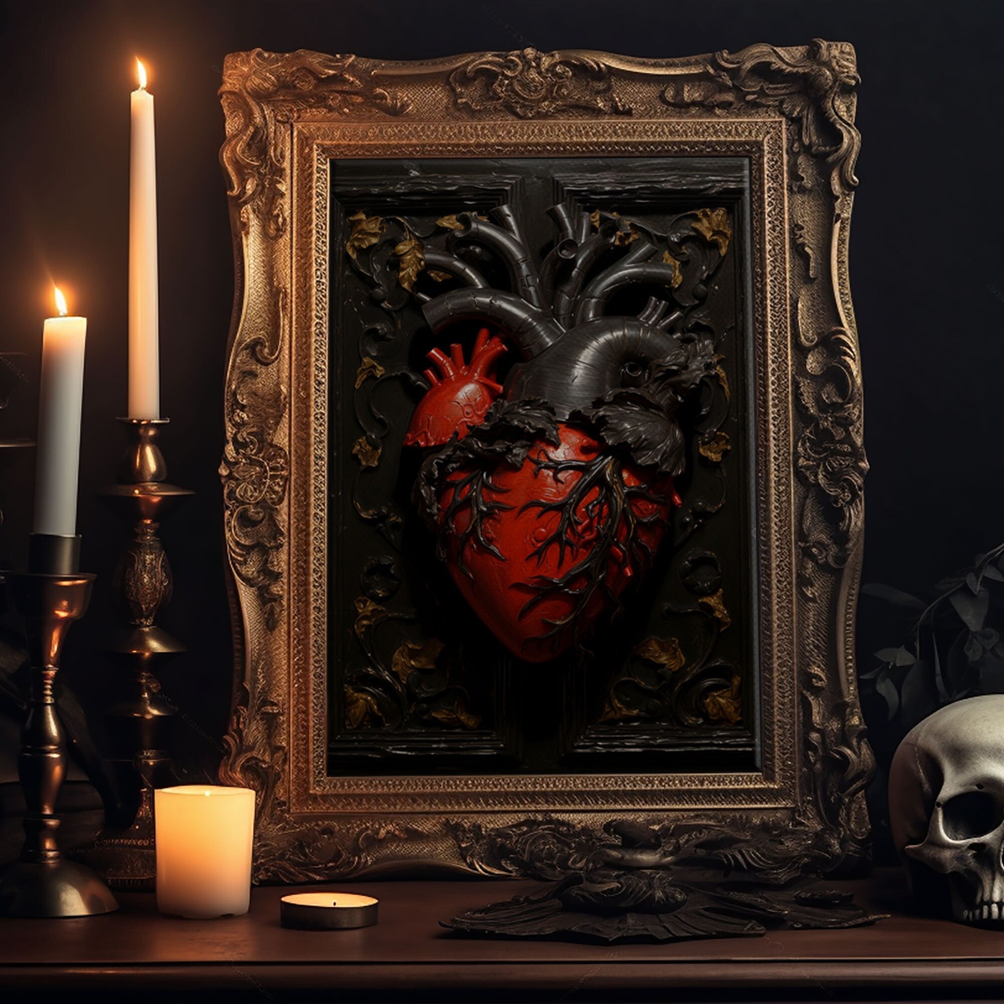 Impression d'art Cœur Noir Vampire, Toile Vintage, Impression sur toile d'art, Dark Academia, Gothique Victorien, Cœur Anatomique, Décoration Halloween