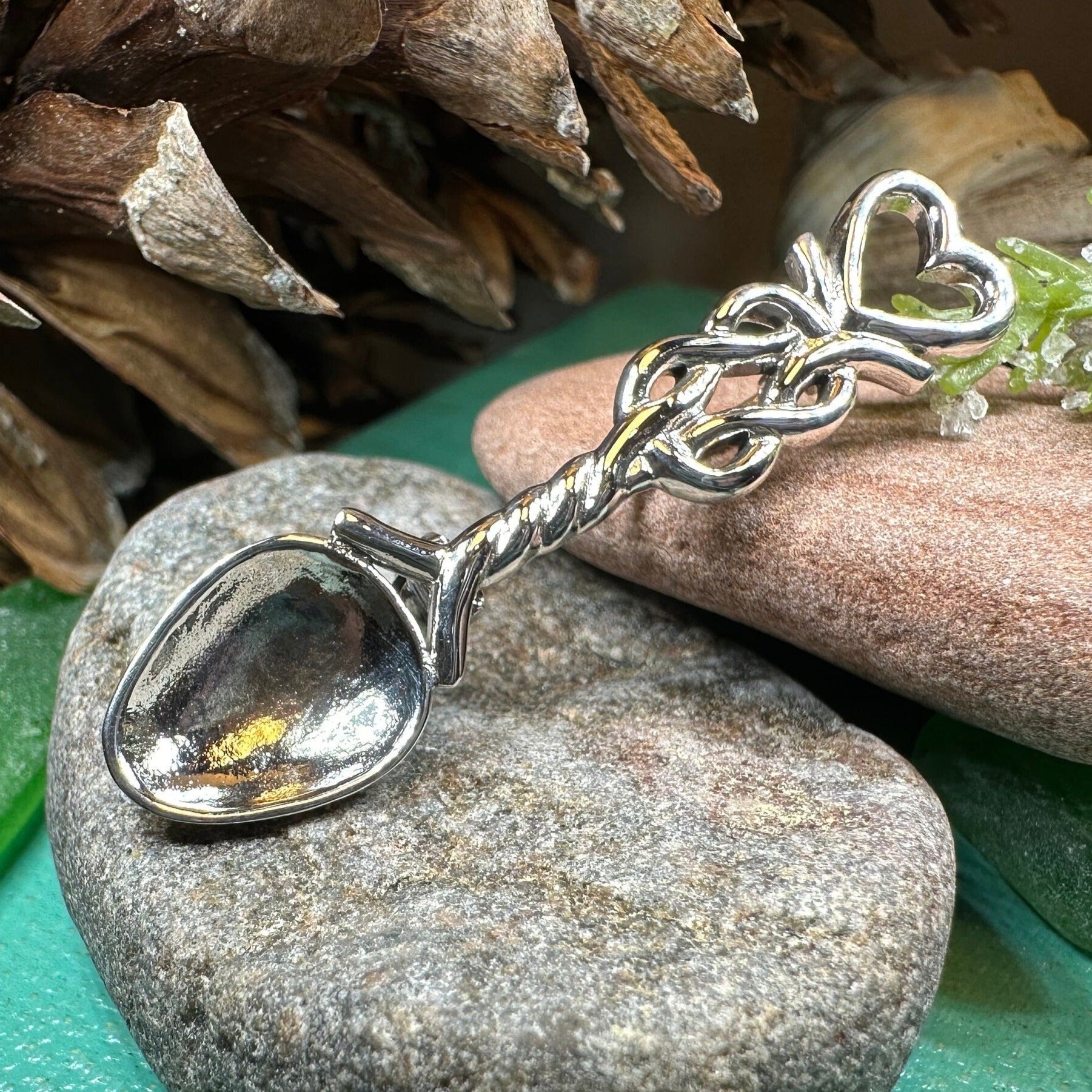 Welsh Celtic Heart Love Spoon Brooch - Sterling Silver Pin