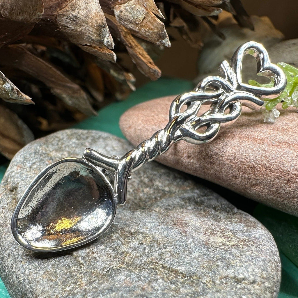 Welsh Celtic Heart Love Spoon Brooch - Sterling Silver Pin