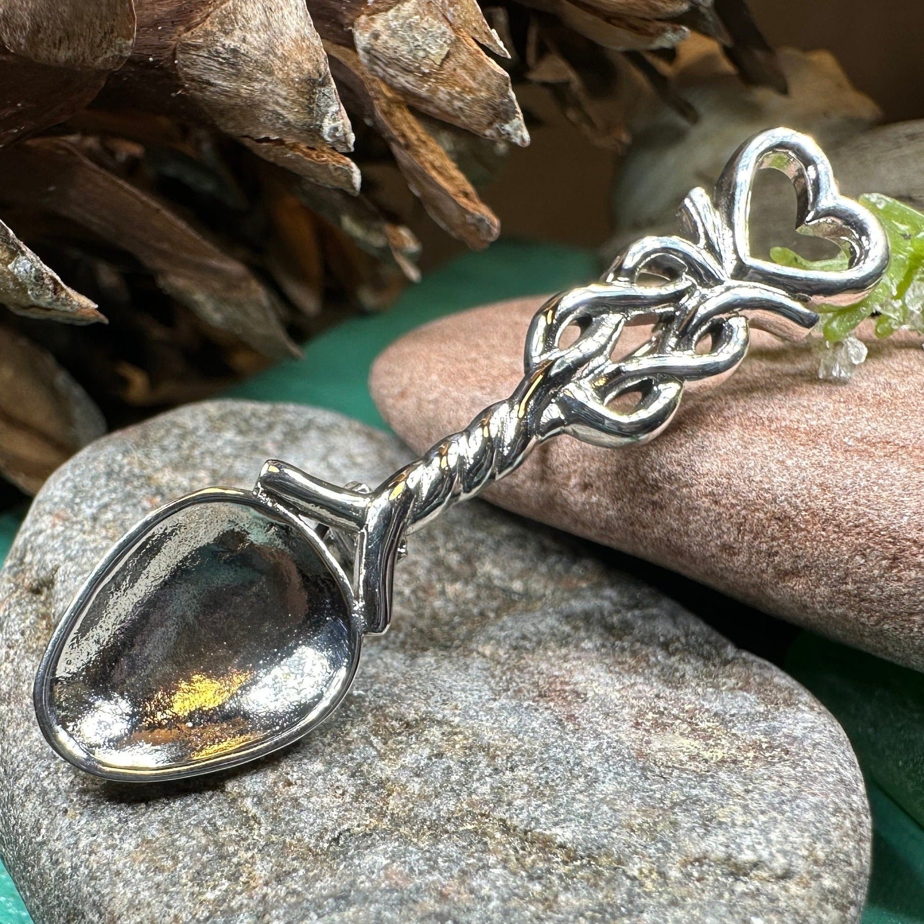 Welsh Celtic Heart Love Spoon Brooch - Sterling Silver Pin