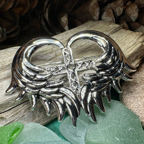 Angel Wings Celtic Cross Brooch in Pewter
