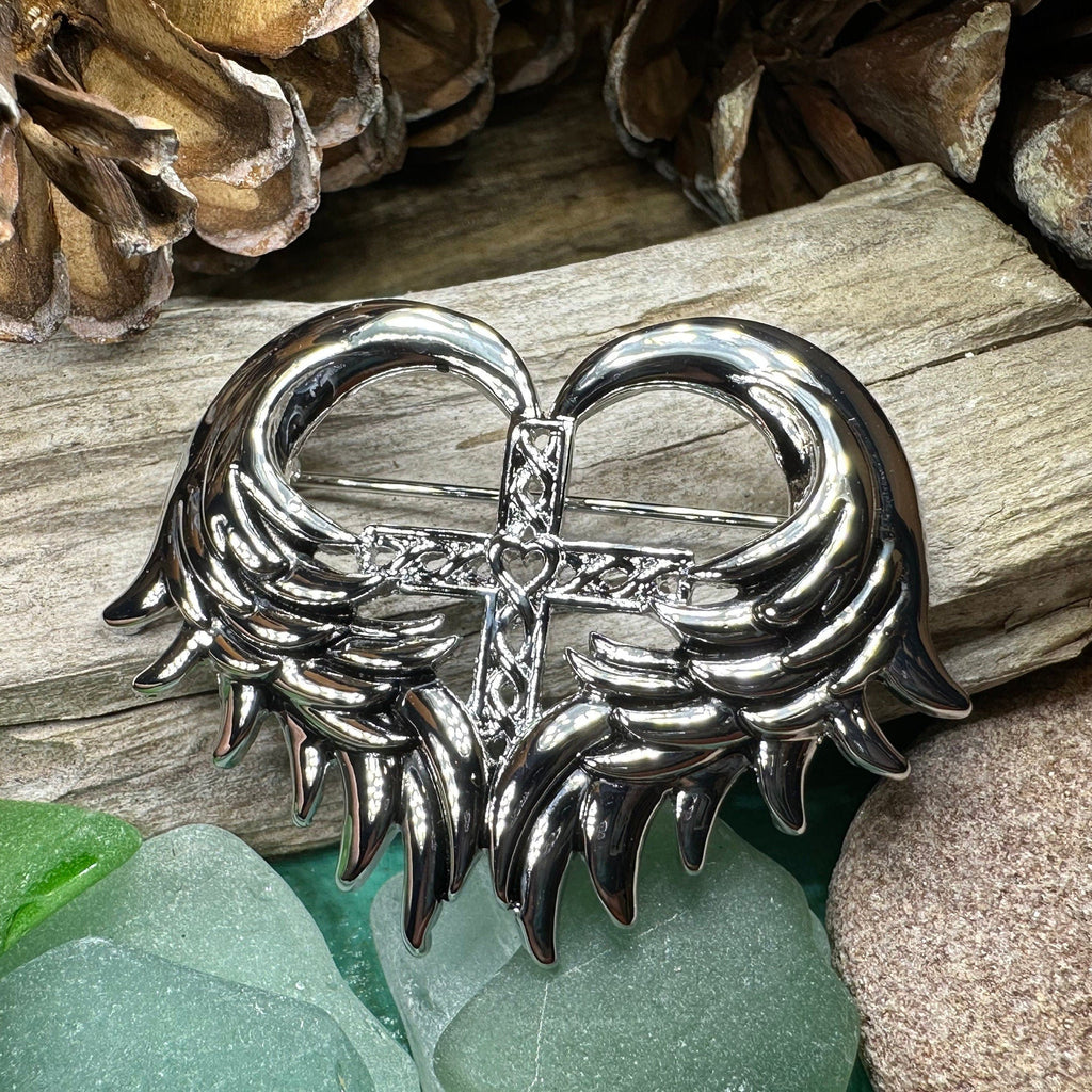 Angel Wings Celtic Cross Brooch in Pewter