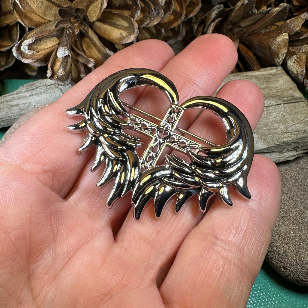 Angel Wings Celtic Cross Brooch in Pewter