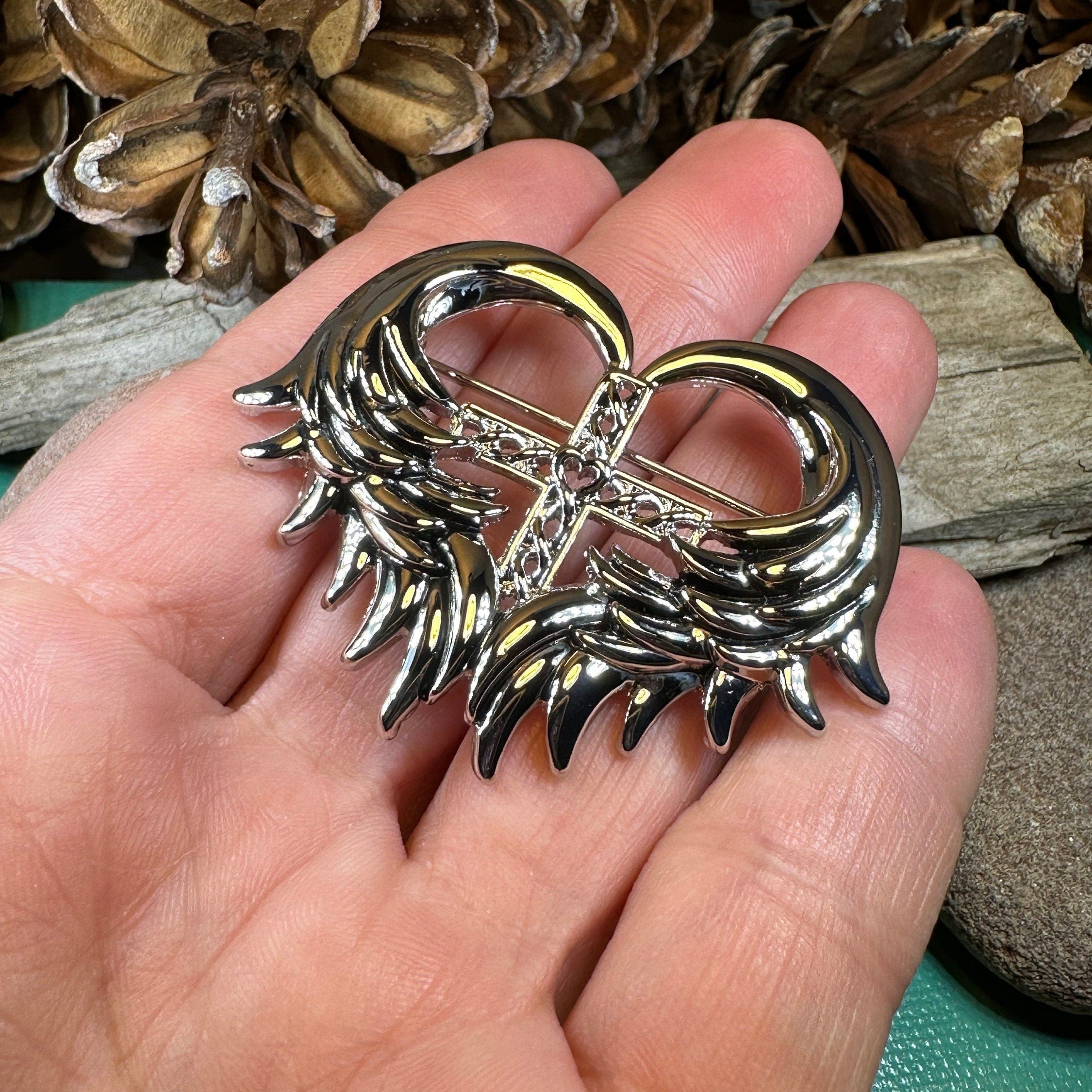 Angel Wings Celtic Cross Brooch in Pewter