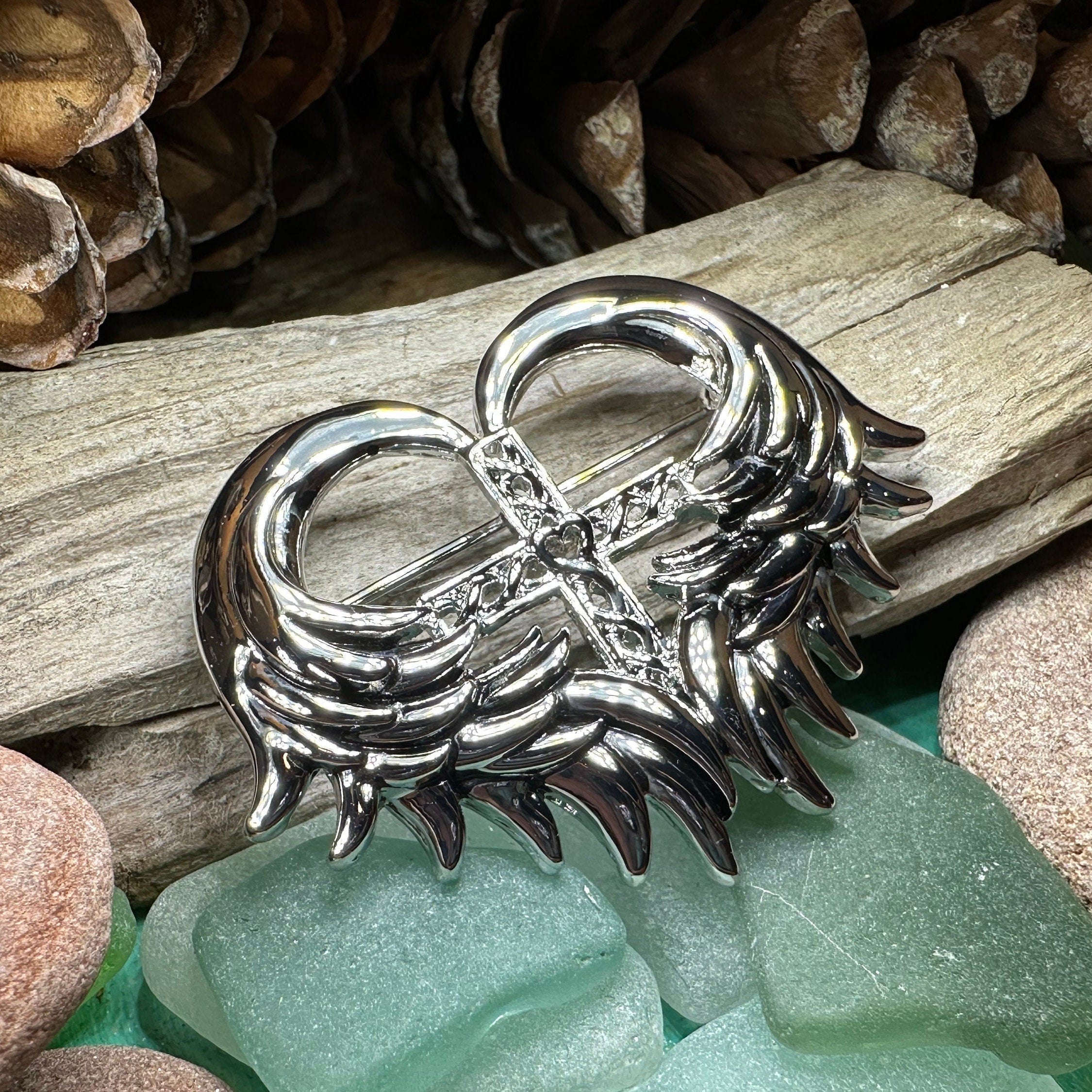 Angel Wings Celtic Cross Brooch in Pewter