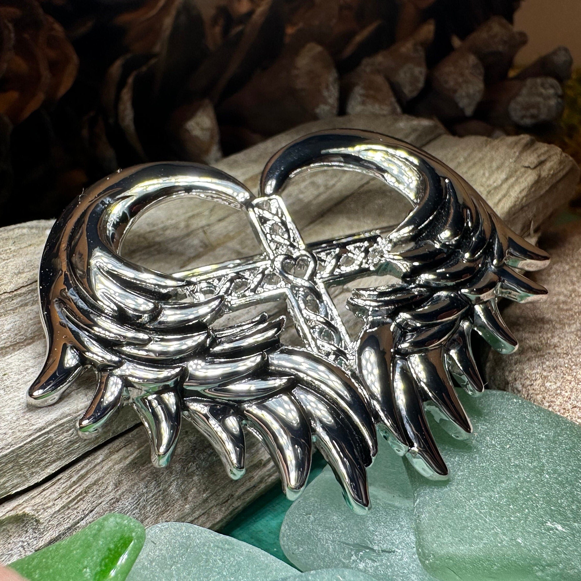 Angel Wings Celtic Cross Brooch in Pewter