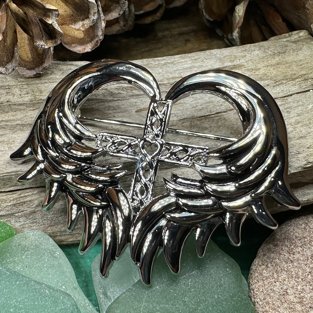 Angel Wings Celtic Cross Brooch in Pewter