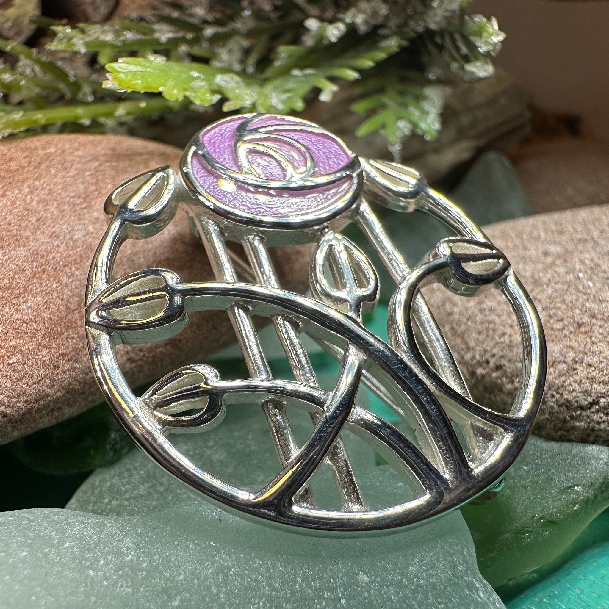 Enamel Mackintosh Rose Brooch in Sterling Silver