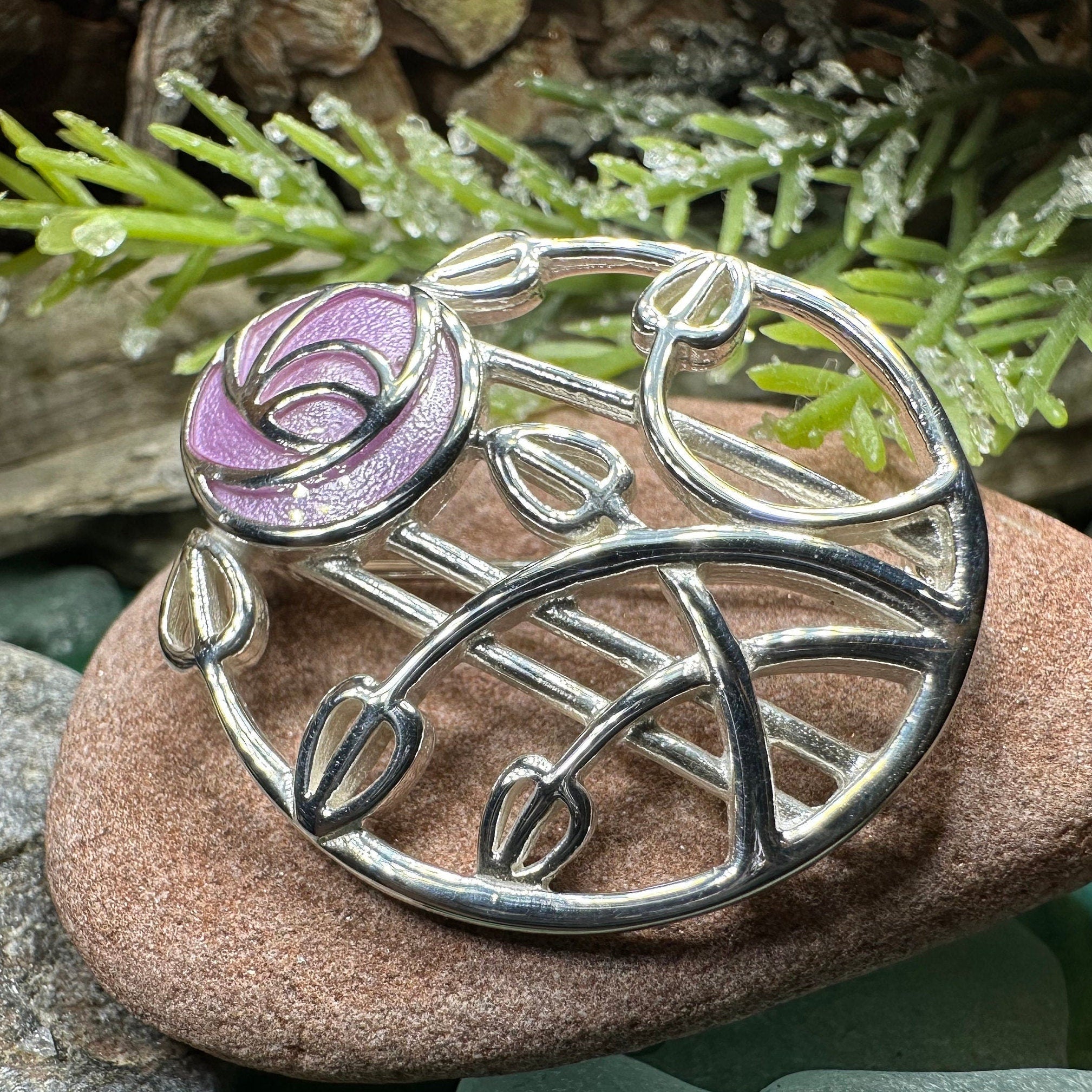 Enamel Mackintosh Rose Brooch in Sterling Silver