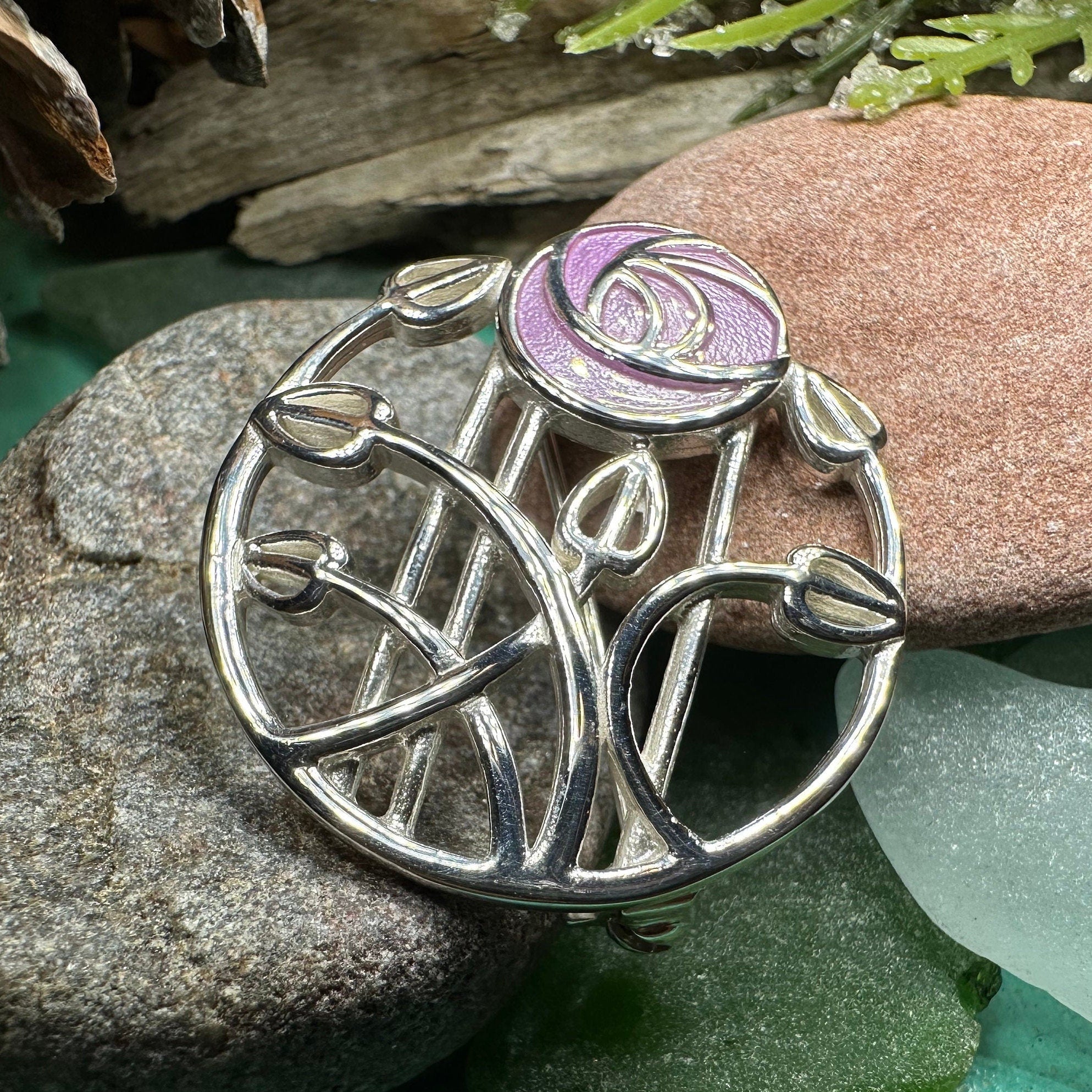 Enamel Mackintosh Rose Brooch in Sterling Silver