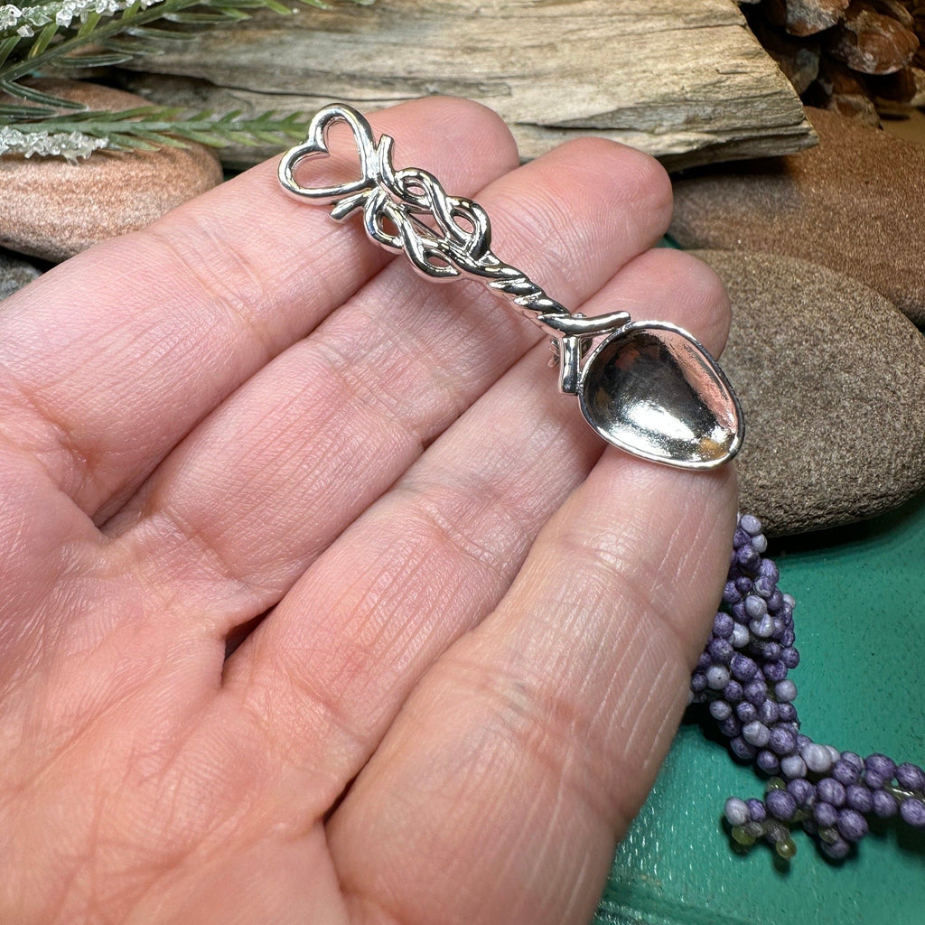Welsh Celtic Heart Love Spoon Brooch - Sterling Silver Pin