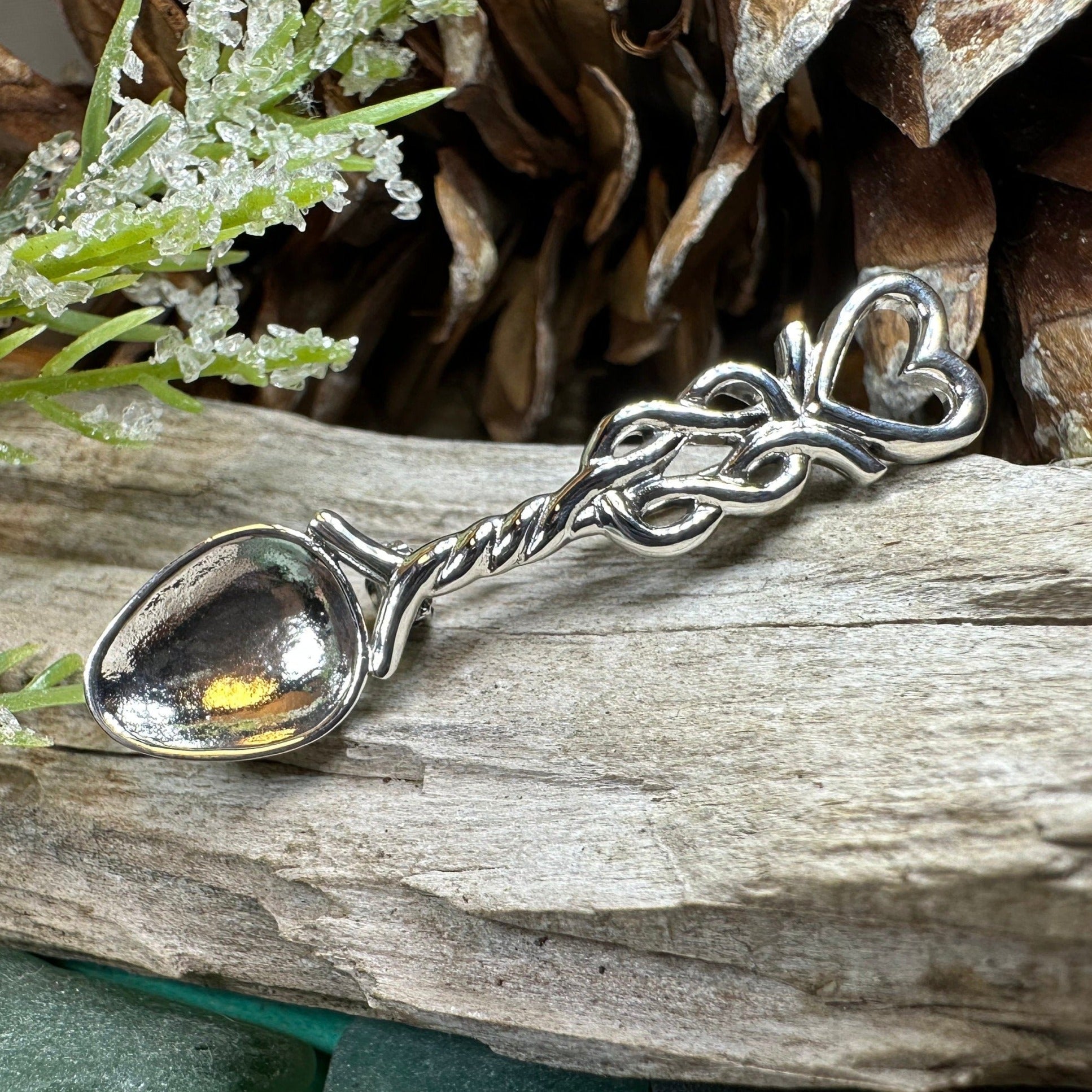 Welsh Celtic Heart Love Spoon Brooch - Sterling Silver Pin
