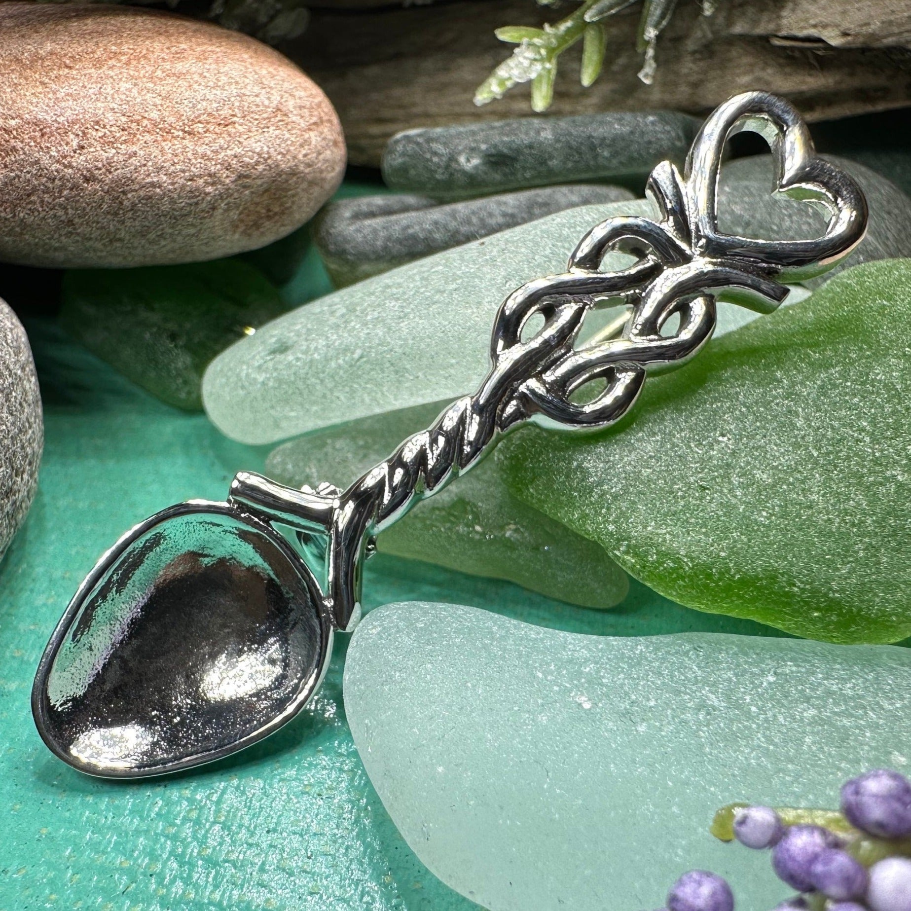 Welsh Celtic Heart Love Spoon Brooch - Sterling Silver Pin