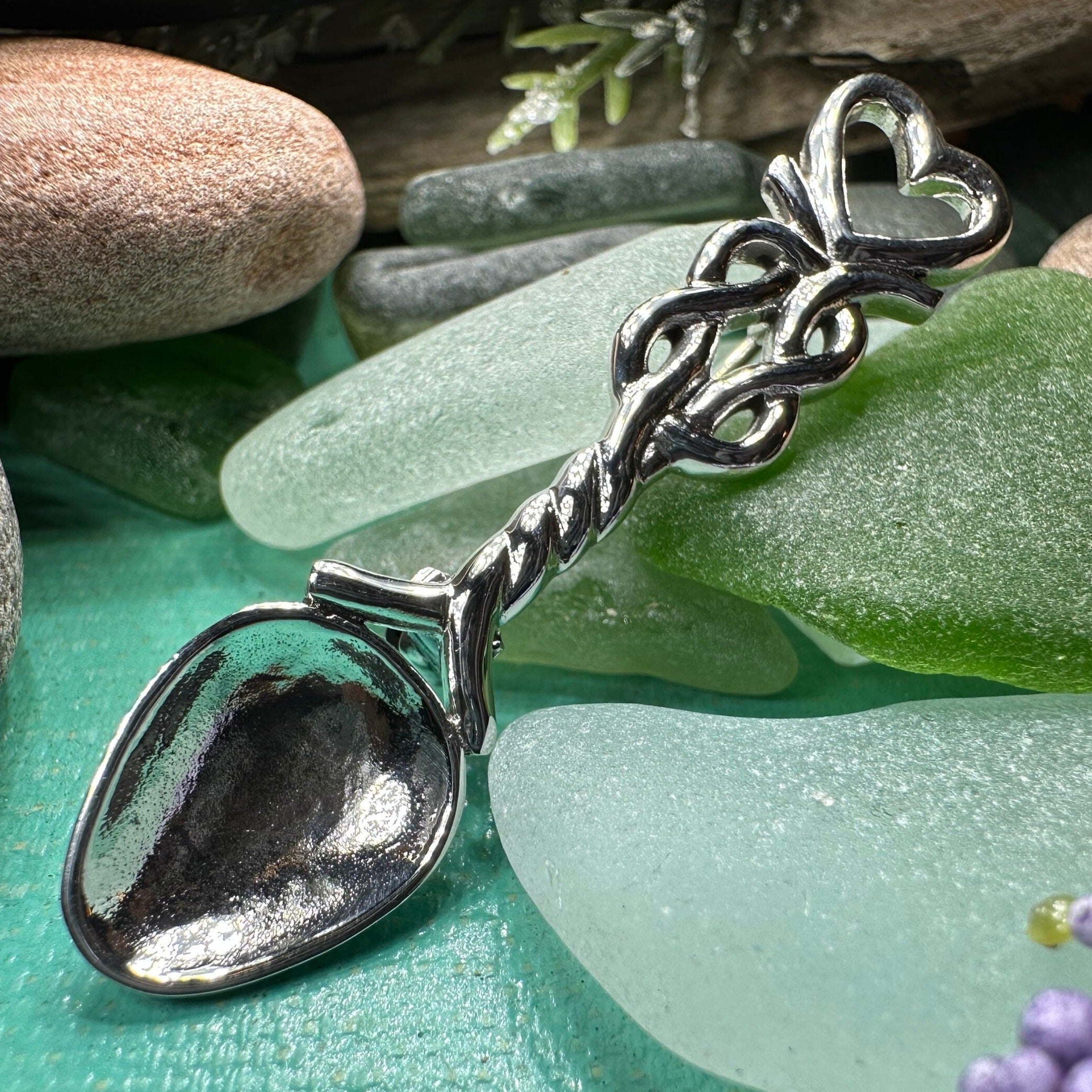Welsh Celtic Heart Love Spoon Brooch - Sterling Silver Pin