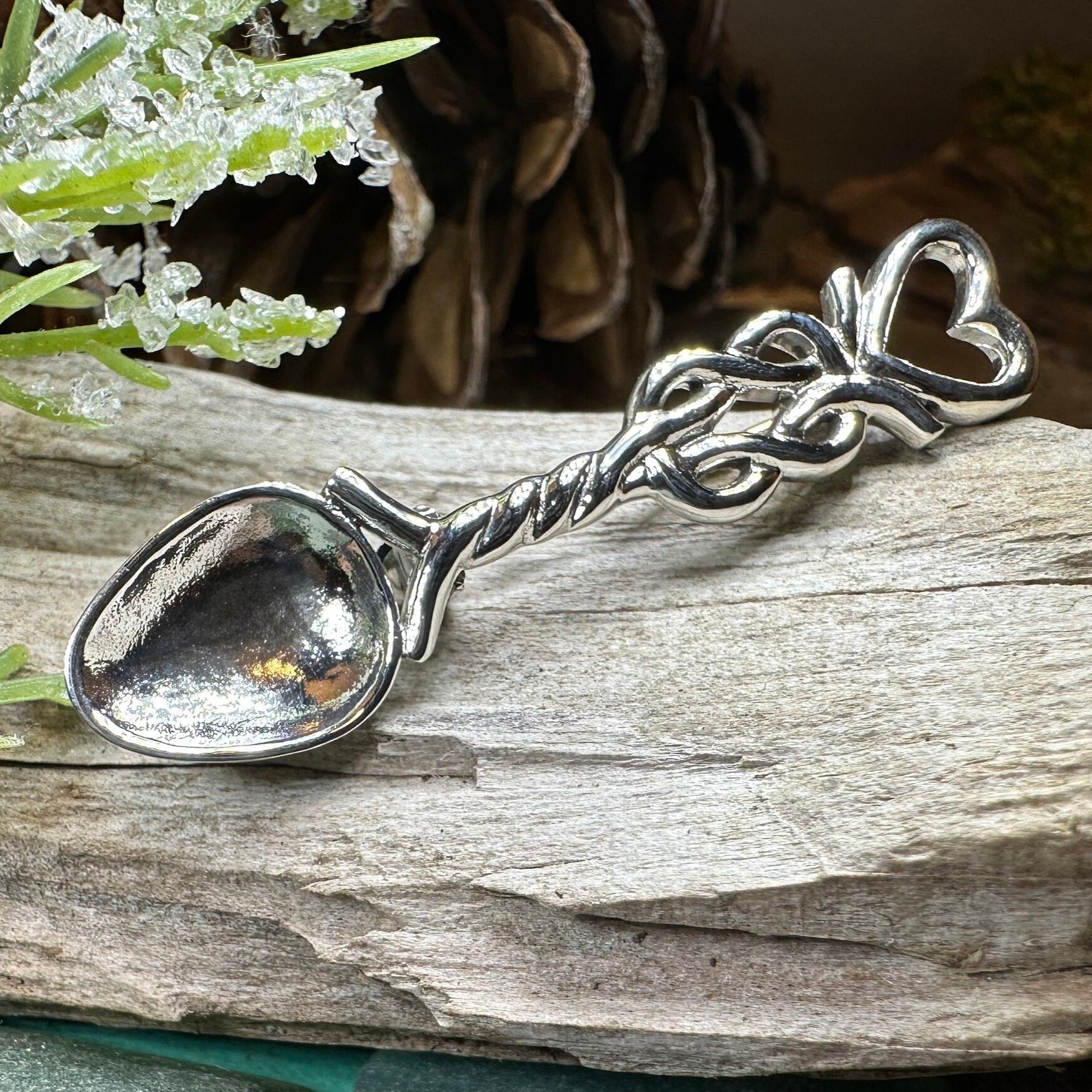 Welsh Celtic Heart Love Spoon Brooch - Sterling Silver Pin