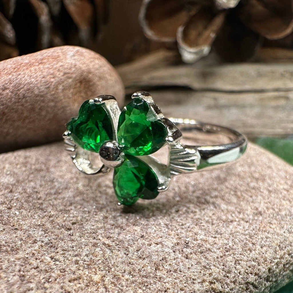 Emerald Irish Shamrock Ring in Sterling Silver