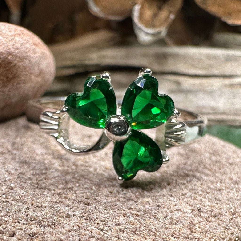 Emerald Irish Shamrock Ring in Sterling Silver