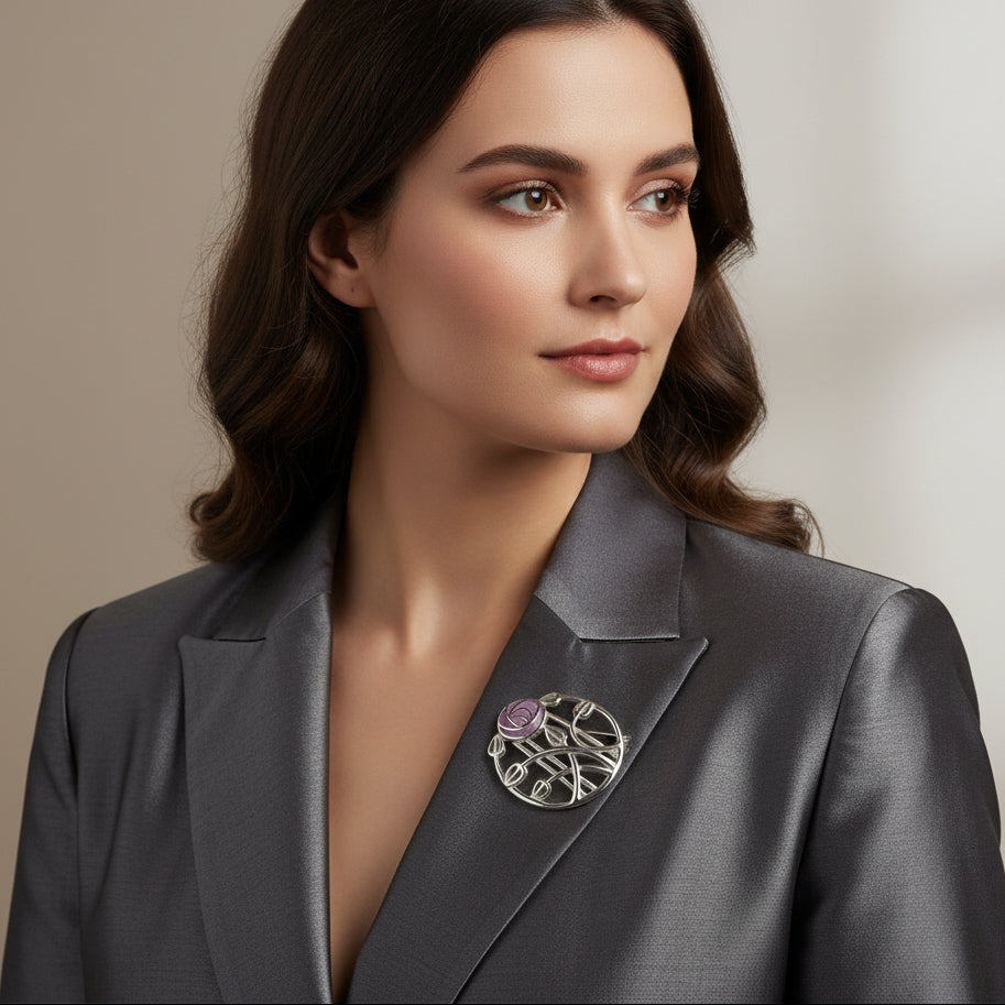 Enamel Mackintosh Rose Brooch in Sterling Silver