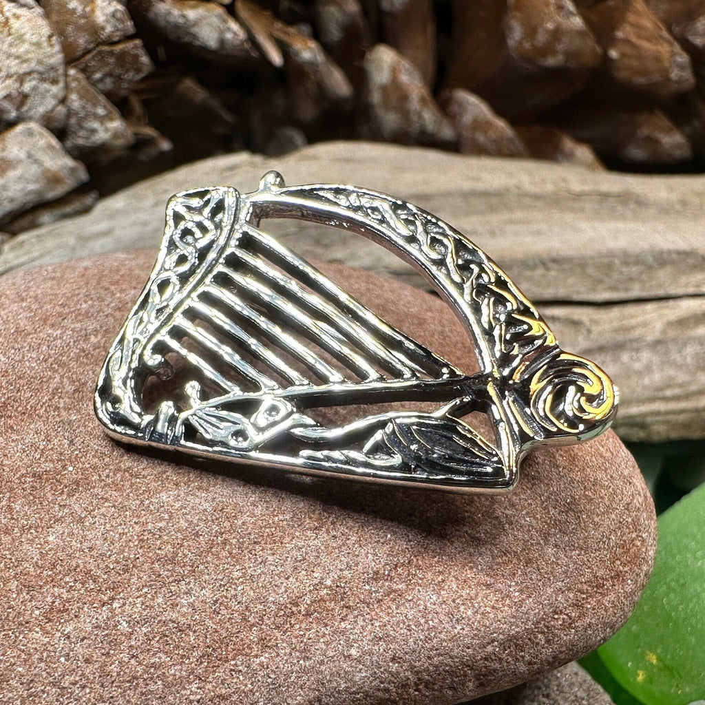 Ancient Bard Celtic Harp Brooch - Irish Sterling Silver Pin